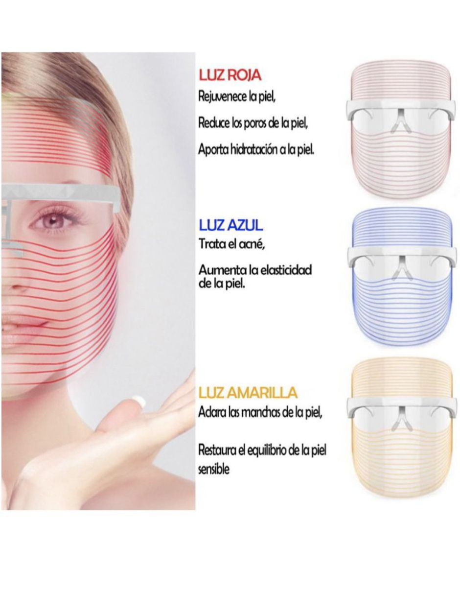 Mascara Facial Led 3 Colores Rejuvenecimiento Acné Manchas   
