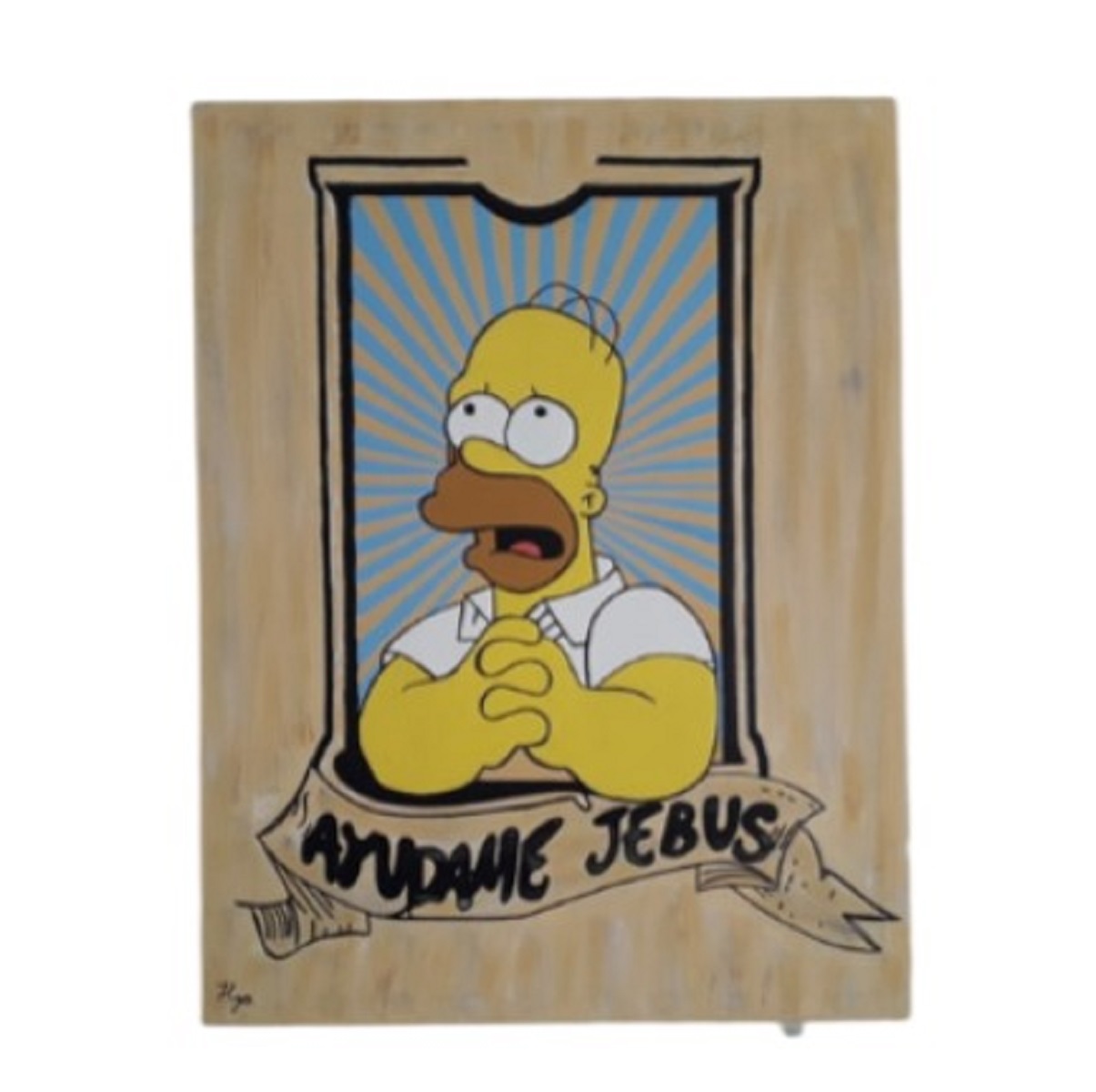 Cuadro decorativo pintado a mano Galería Oneris HOMERO SIMPSON AYUDAME JEBUS 100x80