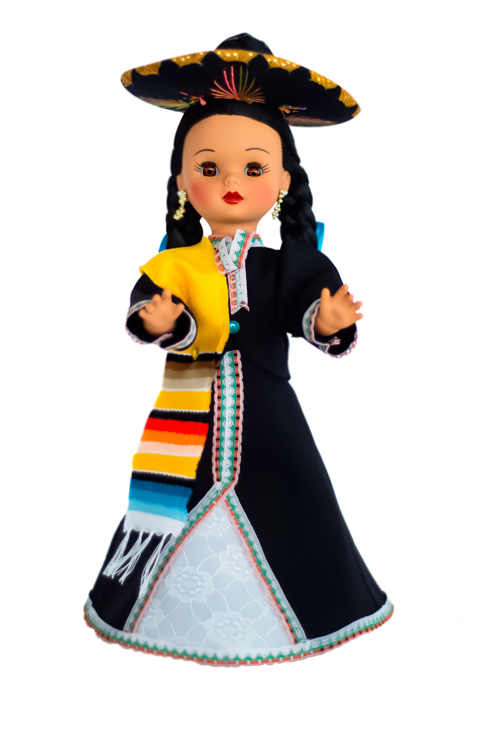 Eulalia Colecciones- Muñeca Mexicana Modelo Guanajuato. Muñecas Típicas Mexicanas, México en bonitas muñecas, pieza de colección de 37 cm. Color negro con encaje de colores claros, sombrero y sarape, accesorios varios colores.