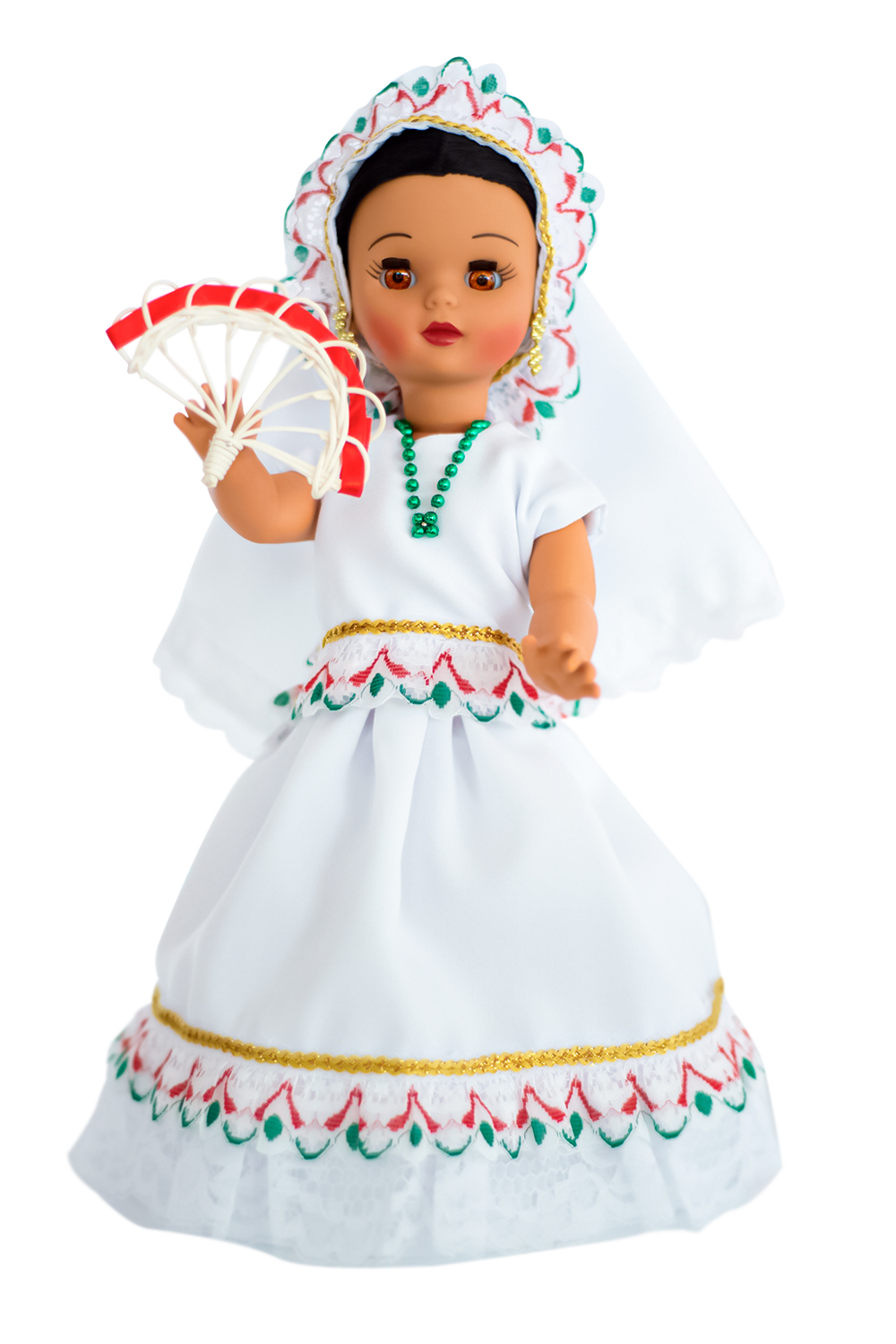Eulalia Colecciones- Muñeca Mexicana Modelo Colima. Muñecas Típicas Mexicanas, México en bonitas muñecas, pieza de colección de 34 cm. Vestido Blanco con abanico de mimbre, accesorios varios colores.