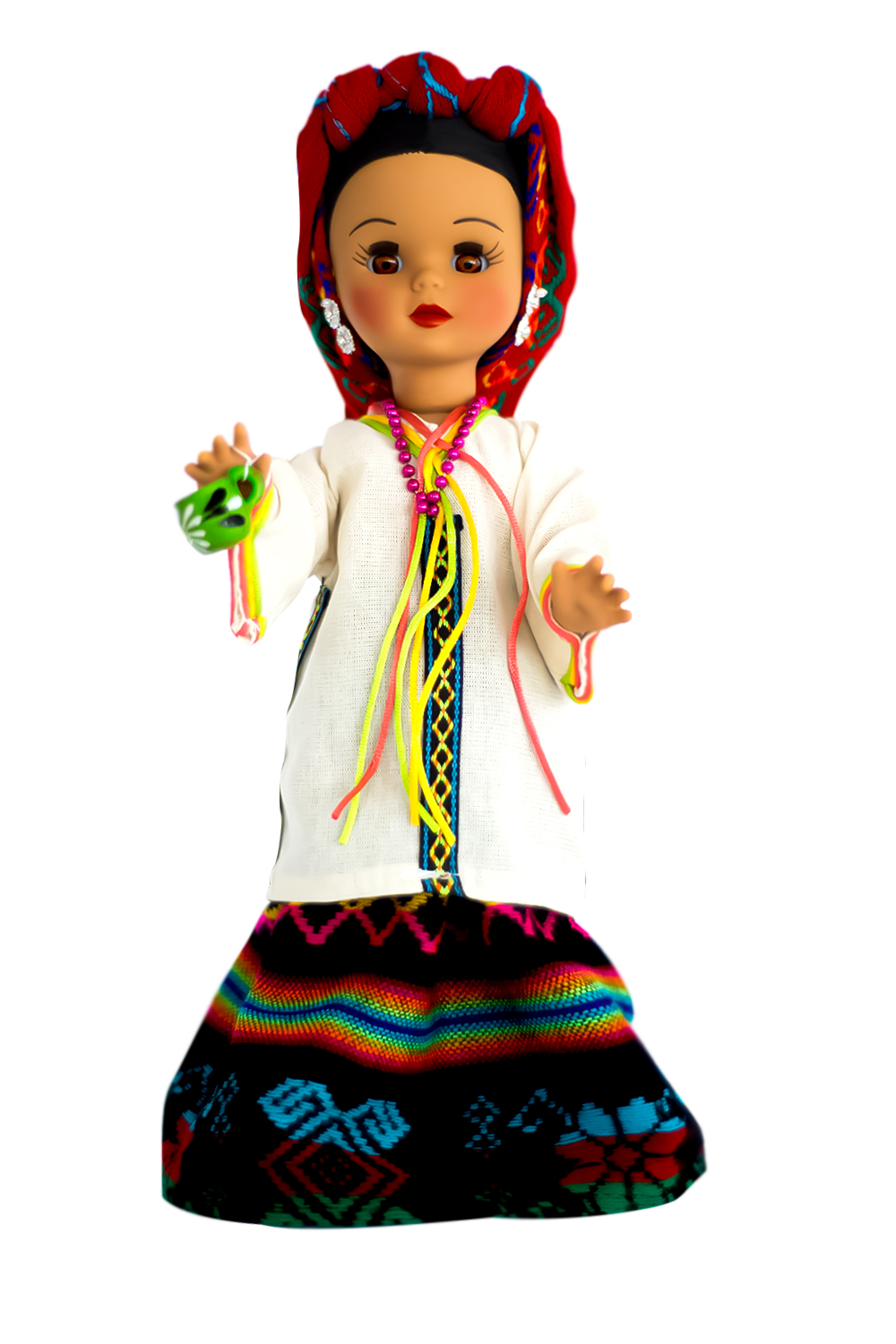 Eulalia Colecciones- Muñeca Mexicana Modelo Mixteca Oaxaqueña. Pieza de Colección de 34 cm. Hecha a Mano. Porta accesorio de barro, variedad de colores en detalles y accesorios.