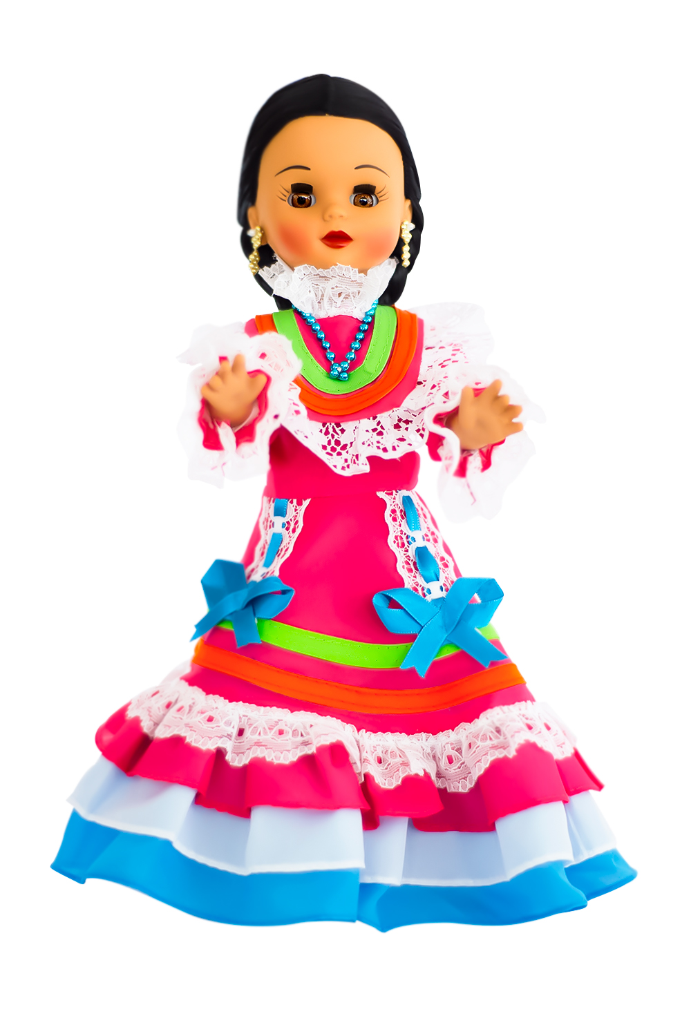 Eulalia Colecciones- Muñeca Mexicana Modelo Jalisco. Pieza de Colección de 34 cm. Hecha a Mano. En vestido rosa con encajes, detalles coloridos de listones y accesorios.