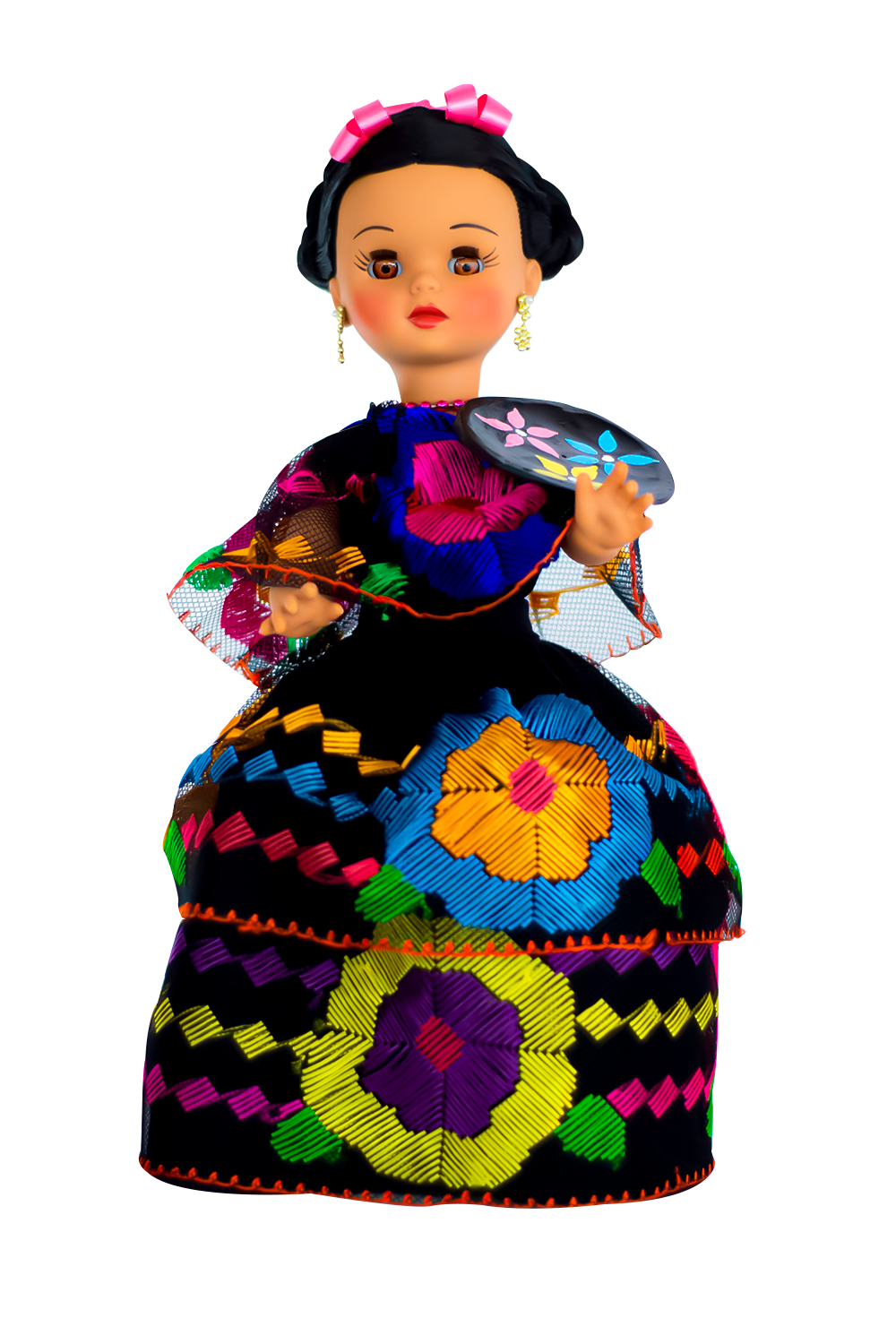 Eulalia Colecciones- Muñeca Mexicana Modelo Chiapas. Pieza de Colección de 34 cm. Hecho a Mano. Traje negro de flores de colores bordadas en hilo de seda, con charola y accesorios varios colores. 