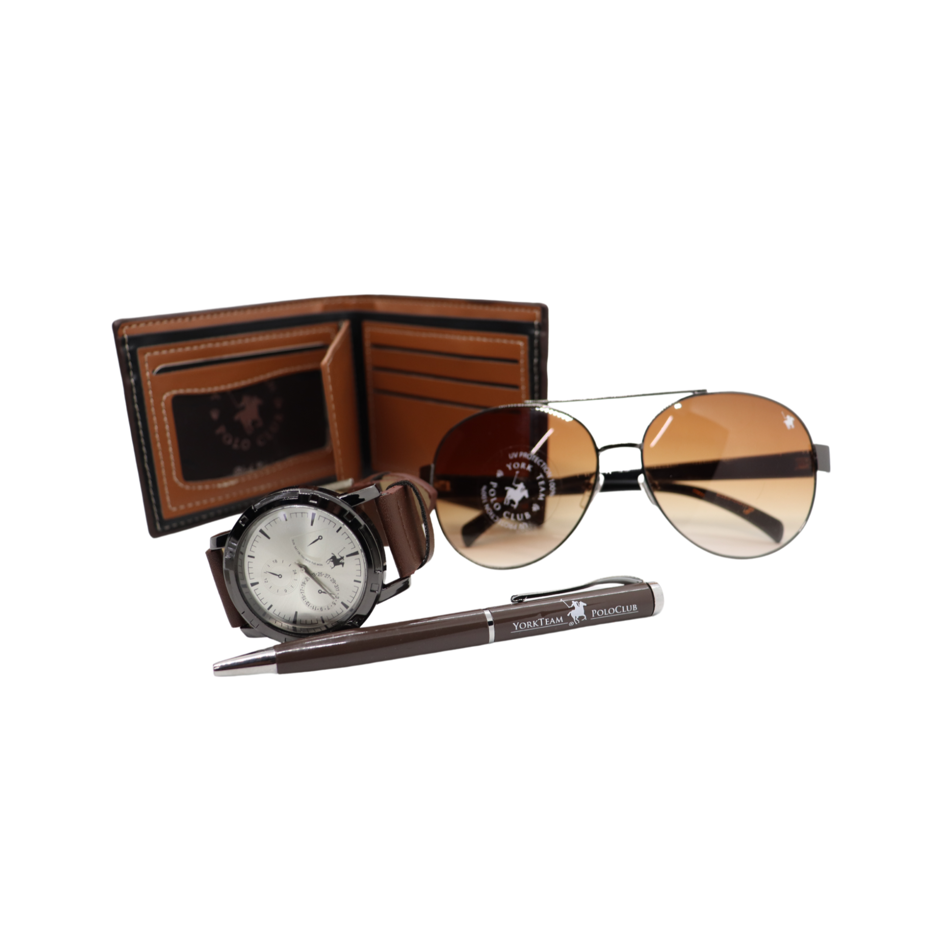 Kit Cartera Reloj Pluma Lentes Cafe Polo Club Set Para Regalo