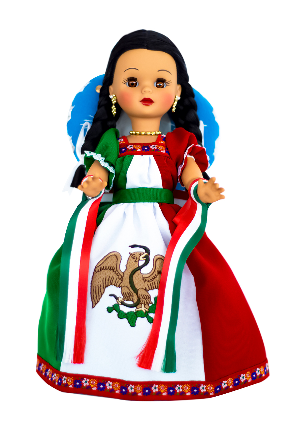 Eulalia Colecciones Muñeca Mexicana Modelo Mexicana, Pieza de Colección de 34 cm. Hecha a Mano. Águila bordada, sombrero y accesorios de colores.