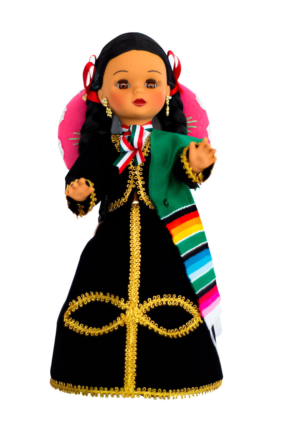 Eulalia Colecciones- Muñeca Mexicana Modelo Charra. Pieza de colección de 34 cm. Hecha a mano. Traje negro con filos dorado, sombrero y sarape de varios colores. 