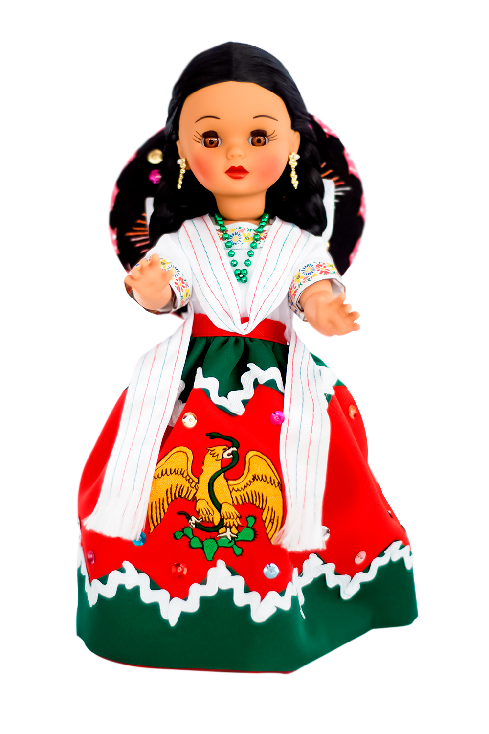 Eulalia Colecciones- Muñeca Mexicana Modelo China Poblana, pieza de colección de 34 cm. Hecha a Mano, con águila bordada con lentejuela en falda, sombrero y accesorios de colores.