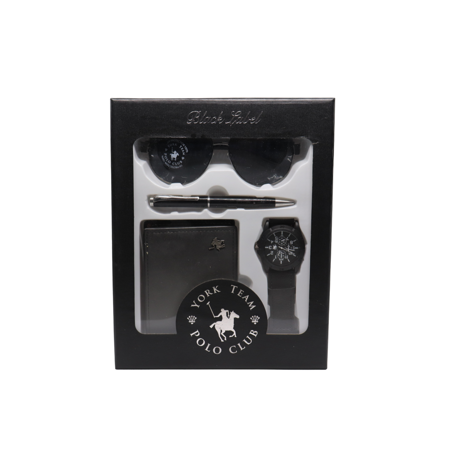 Kit Cartera Reloj Pluma Lentes negro Polo Club Set Para Regalo