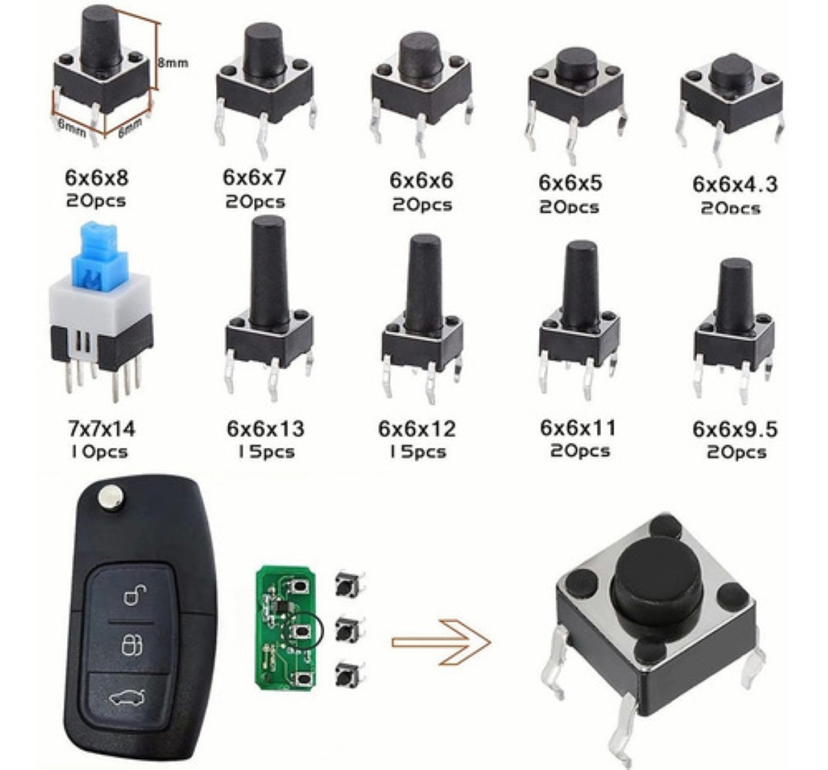Kit De Push Button 4 Pines Diferentes Tamaños 180 Pzas Caja NEGRO