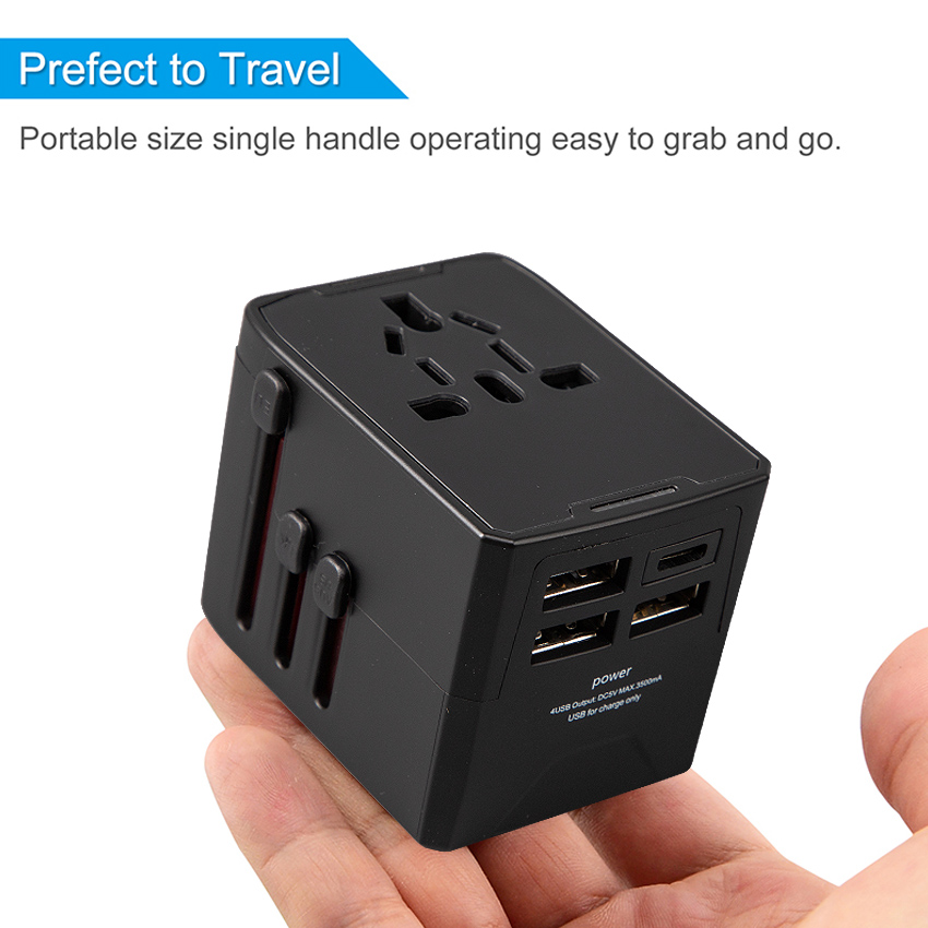 Adaptador de viaje universal con enchufes EU/USA/UK/AUS y 2 puertos USB y 3  Tipo-C