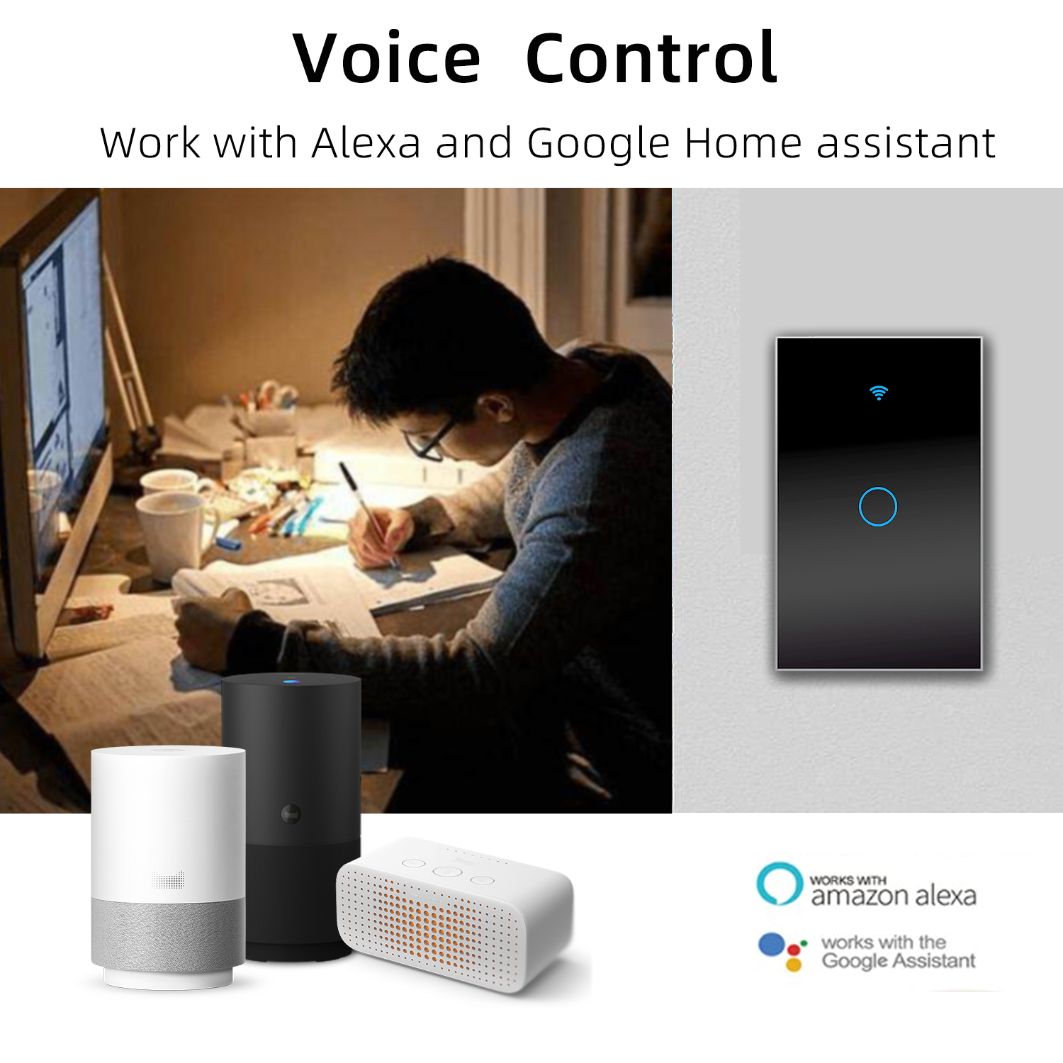 Interruptor de luz de pared inteligente WIFI  1 via, apagador inteligente Smart Switch, control remoto de luz vía celular, panel táctil de vidrio o voz al ser compatible con Alexa, Google home y Smart Life (2.4 Wifi).