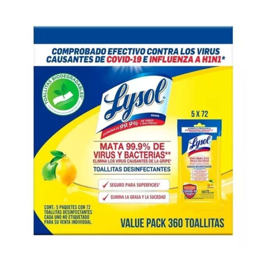 Lysol Caja Toaliitas Desinfectantes (5 sobres de 72 C/U) Olor Citricos