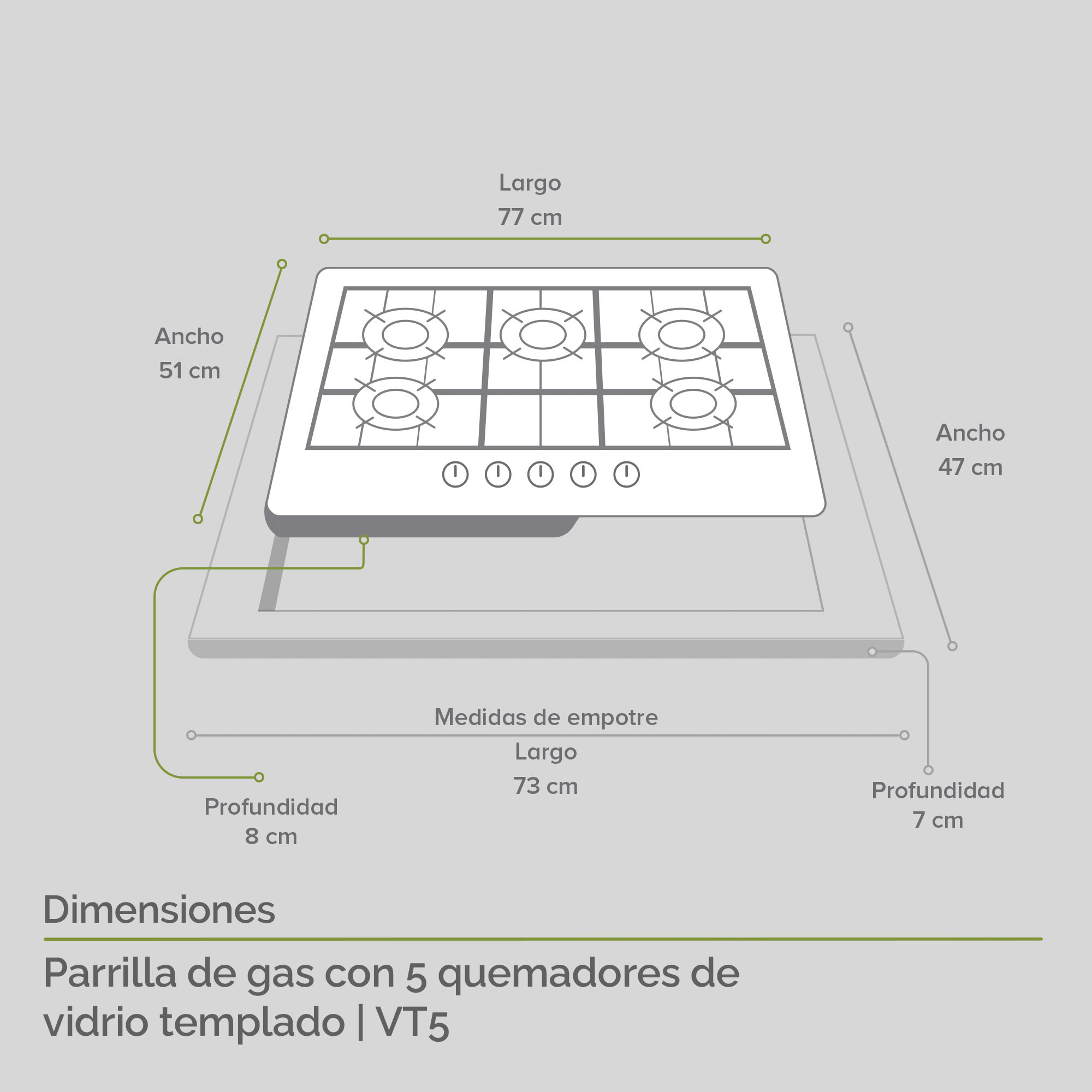 Combo AVERA Parrilla A Gas 5 Quemadores Campana Extractora De Isla 76 CM Y Horno Empotrable A Gas VT5CEN76CHE01LP