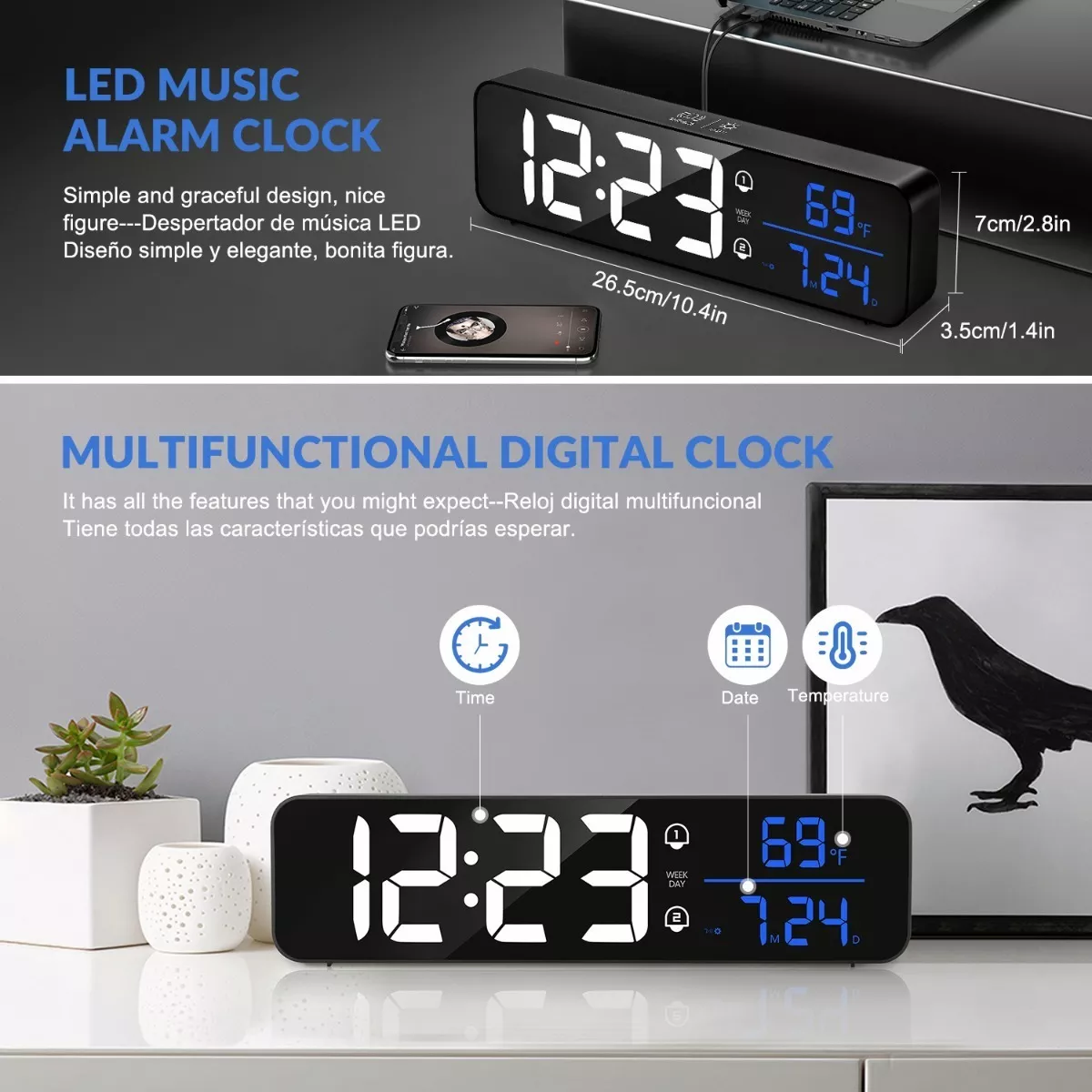 Reloj Despertador Digital Visualización Grande Led