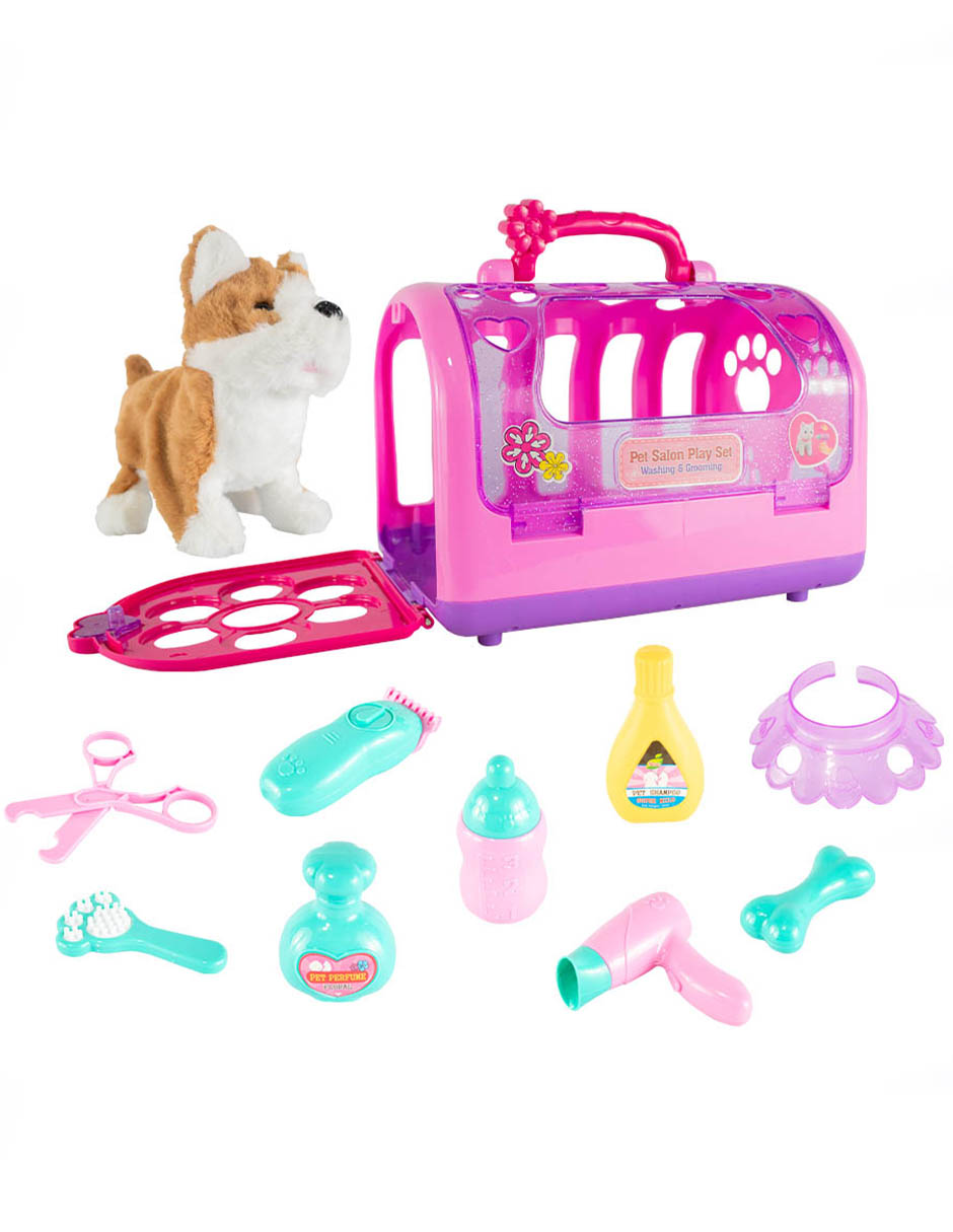 Set estética con perrito de peluche con varios movimientos y accesorios de cuidado 