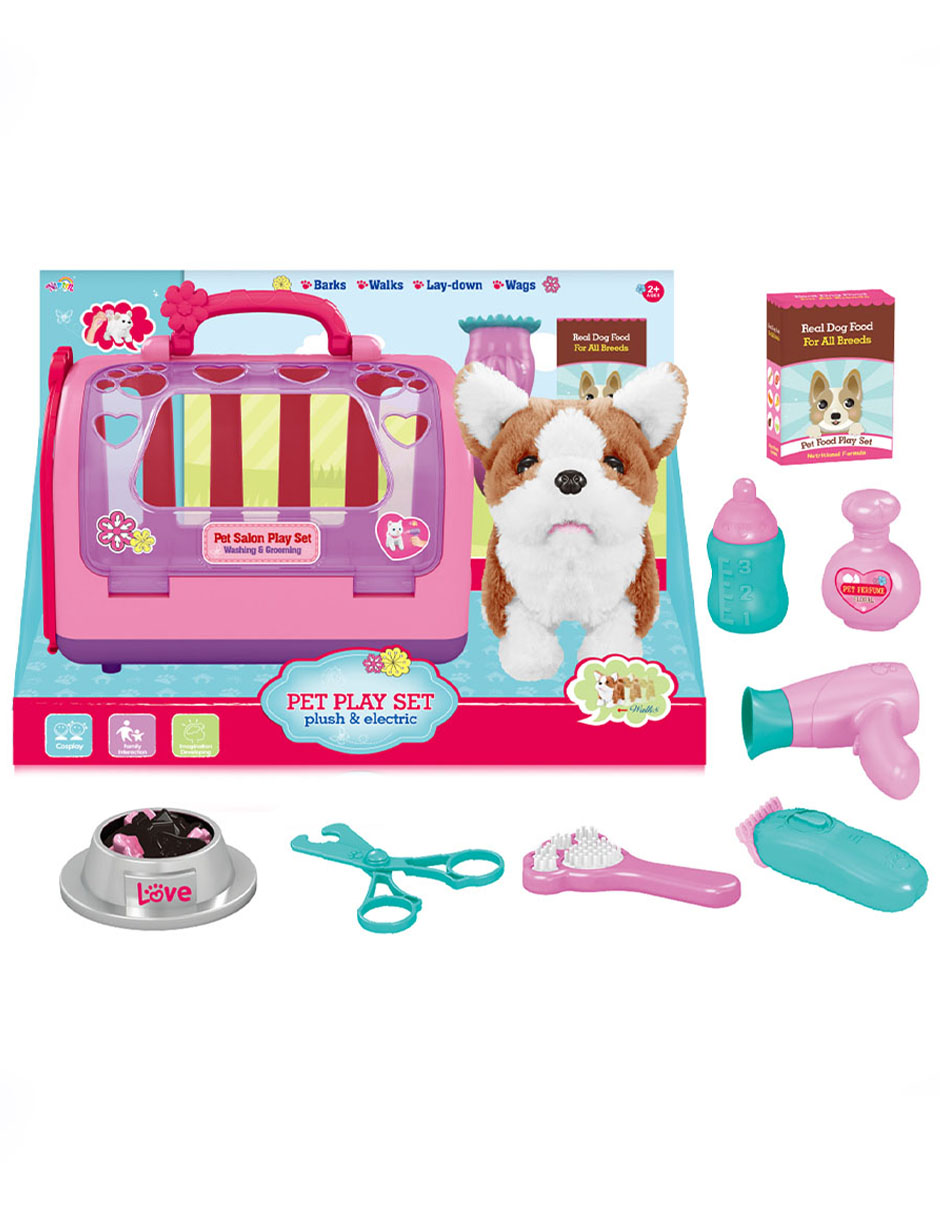 Set estética con perrito de peluche con varios movimientos y accesorios de cuidado 