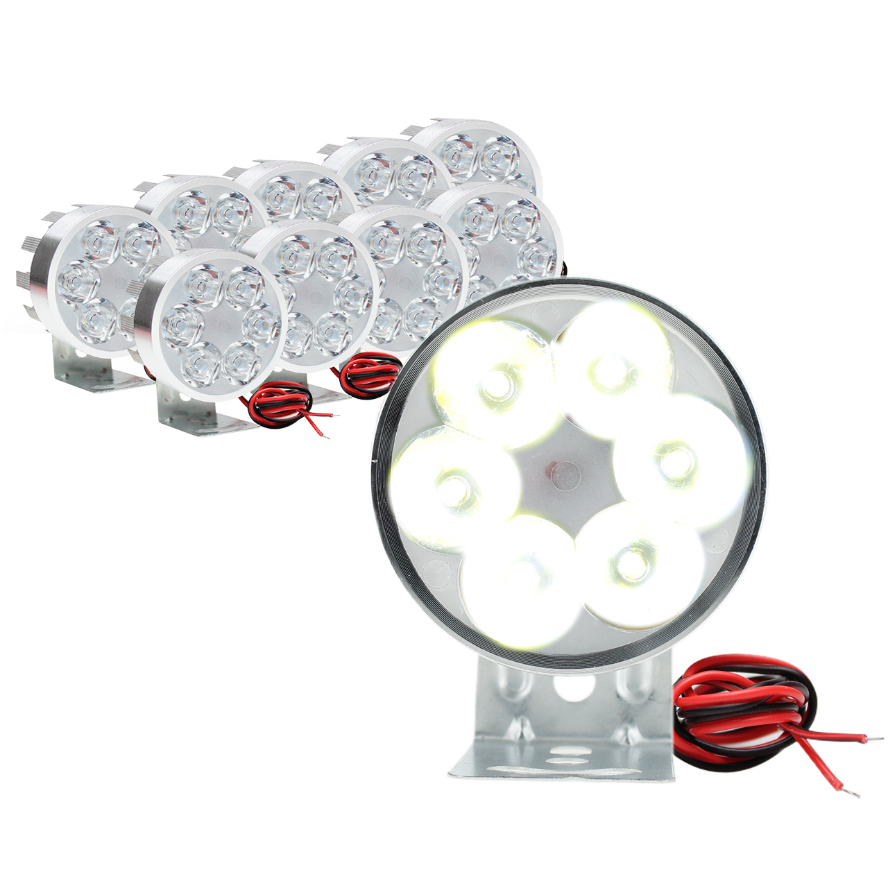 10 Faros 6 Led Redondo Auxiliar Estrobo Auto Moto Aluminio
