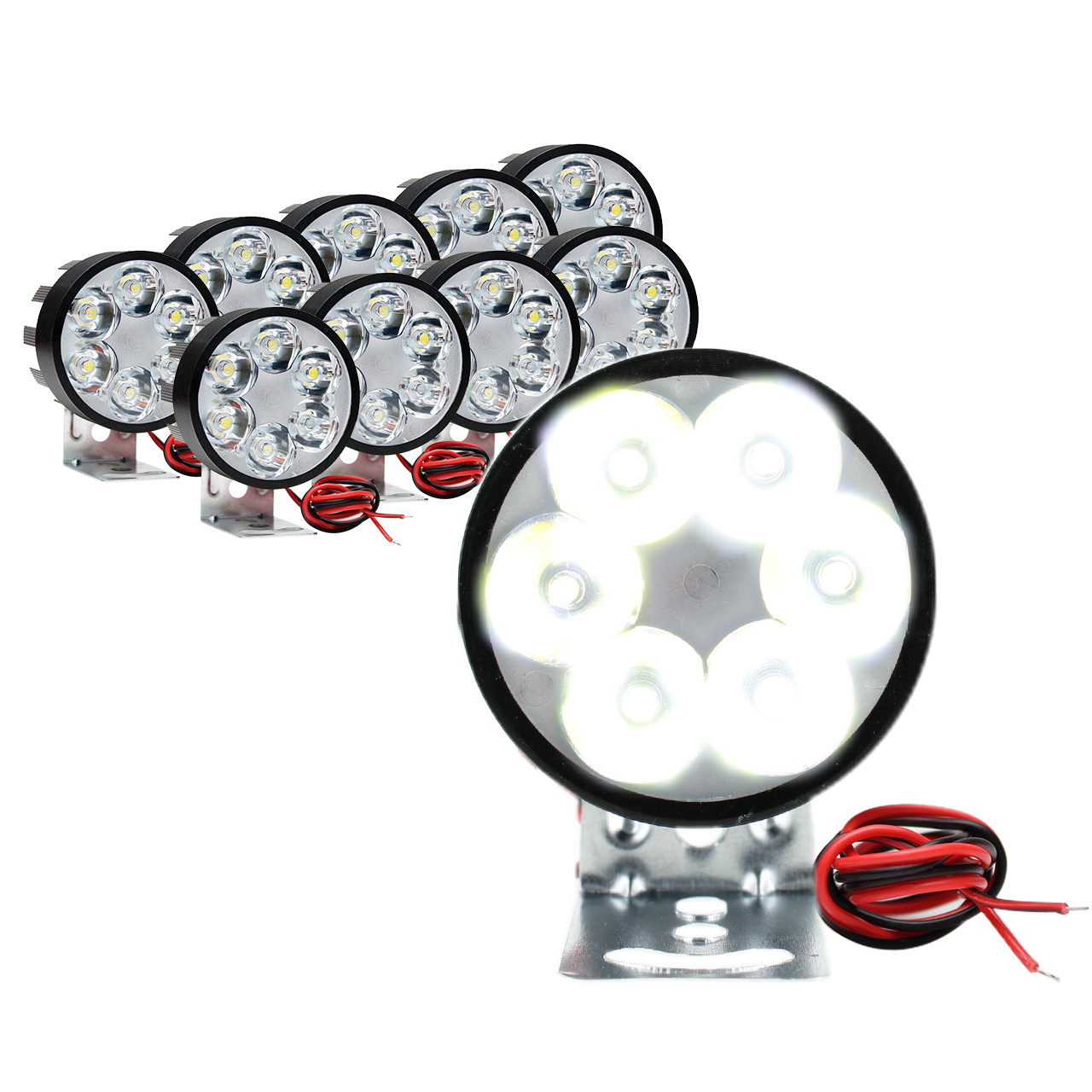 10 Faros 6 Led Redondo Auxiliar Estrobo Auto Moto Aluminio
