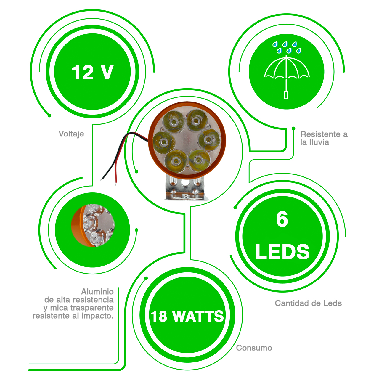 10 Faros 6 Led Redondo Auxiliar Estrobo Auto Moto Aluminio