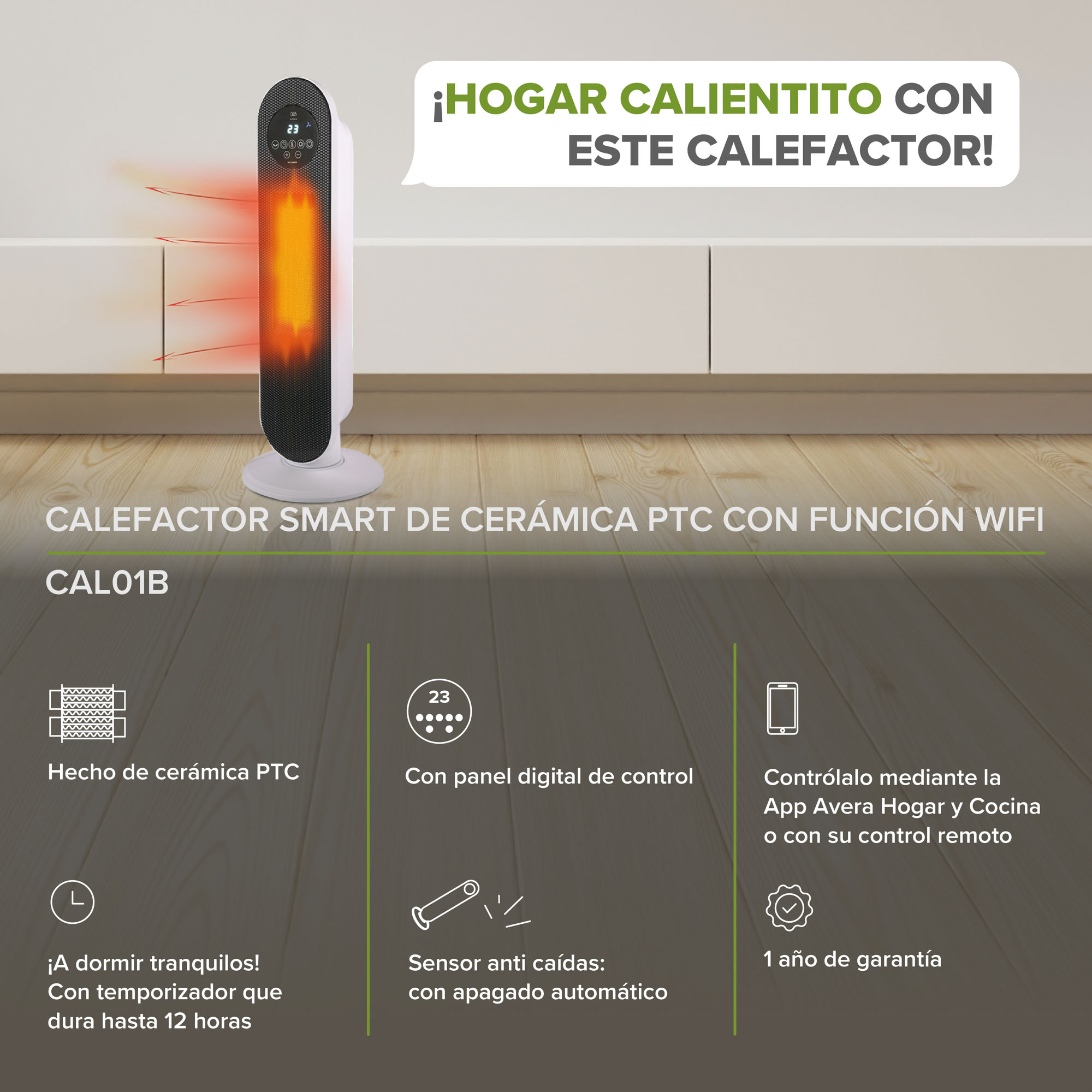 Calefactor De Torre Cerámico WiFi Temporizador  Avera CAL01B