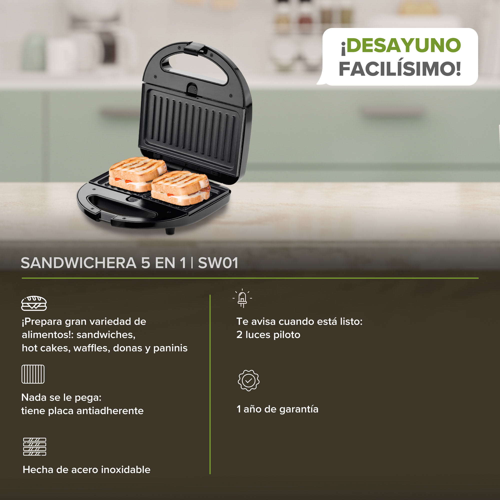  Sandwichera 5 En 1 Con Distintos Moldes Waflera Avera SW01