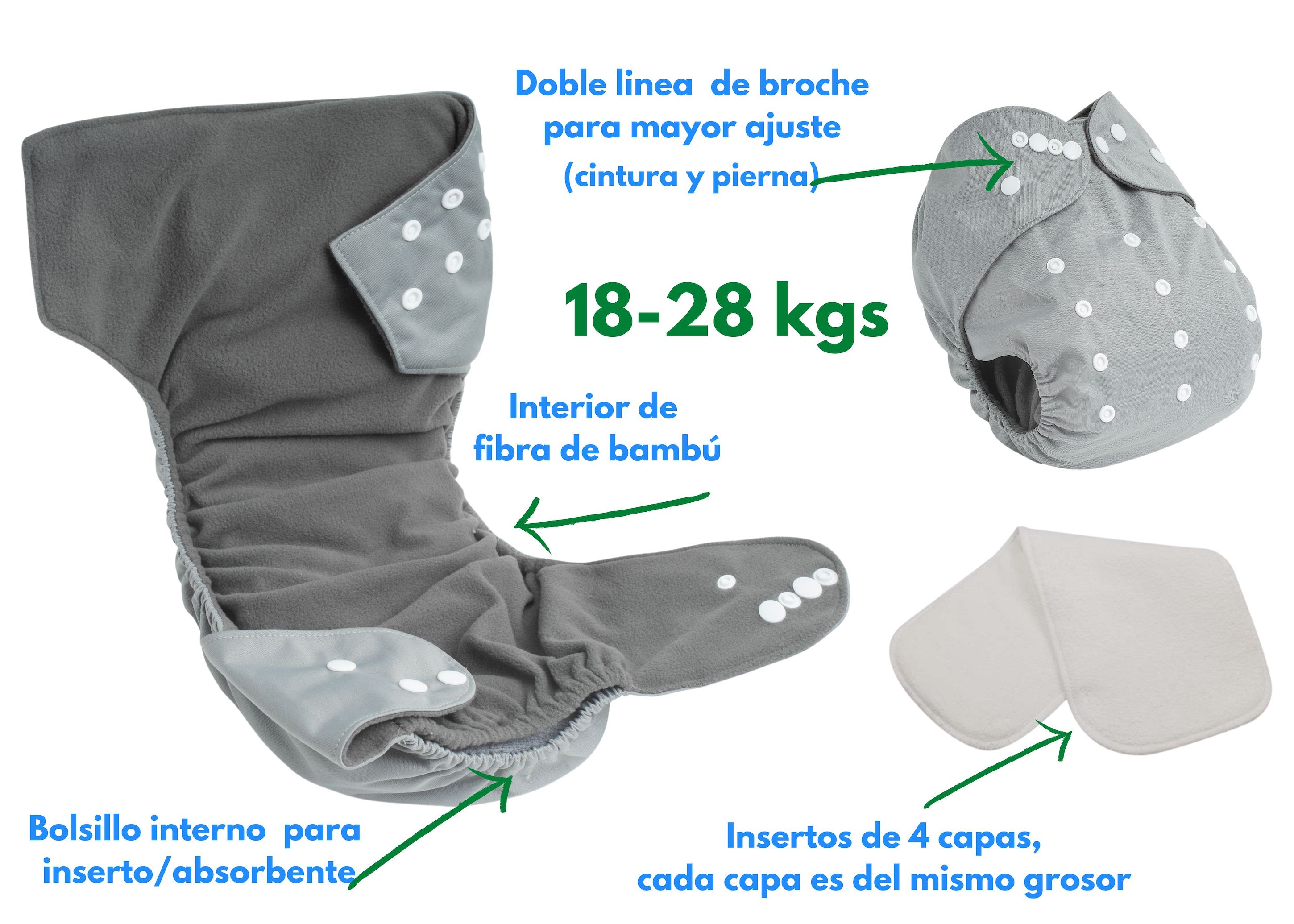 5 Pañales Ecológicos Grandes 18-28 Kg+10 Insertos Microfibra niño