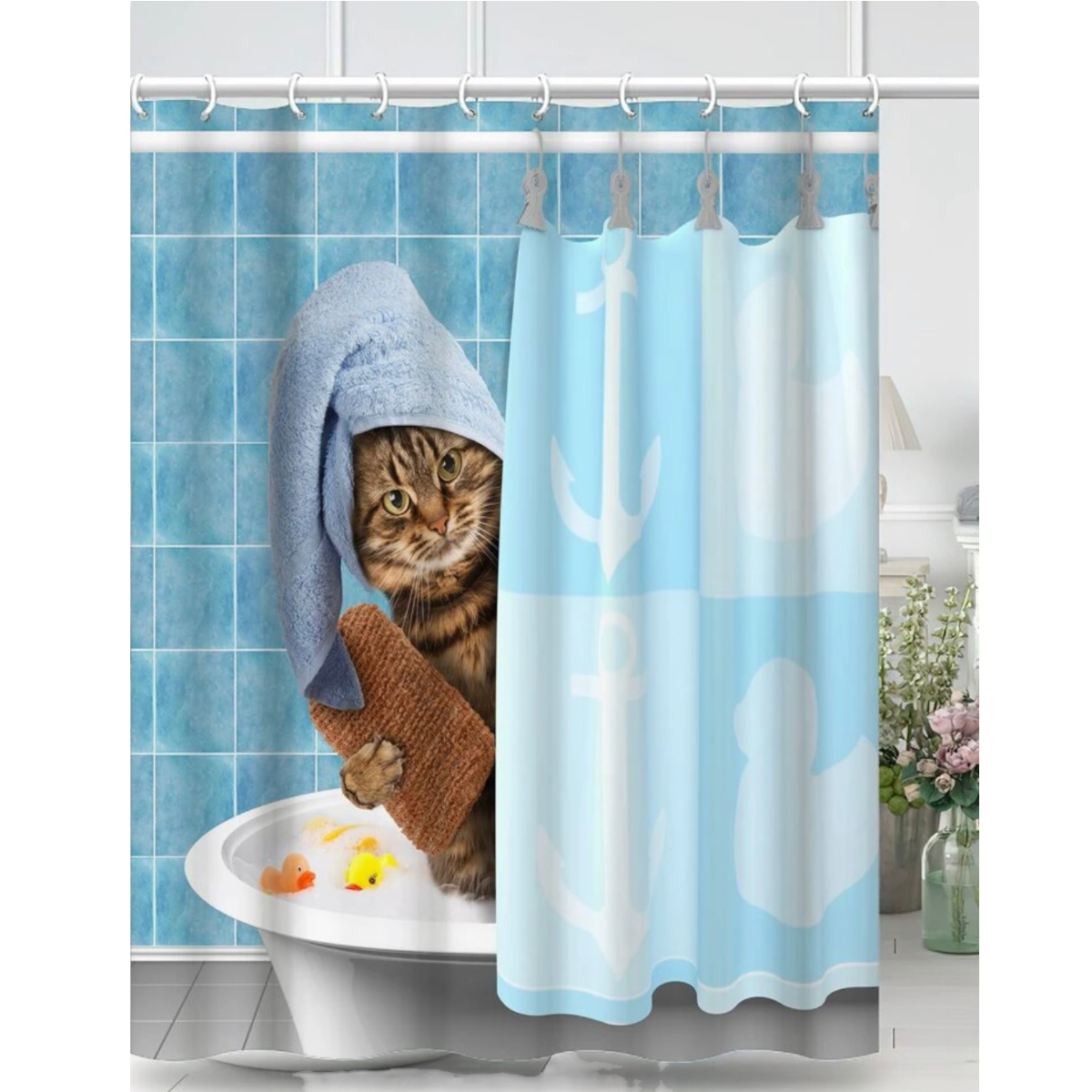 Cortina De Ducha Impermeable Modelo Gato 1.80 X 1.80 Cm.