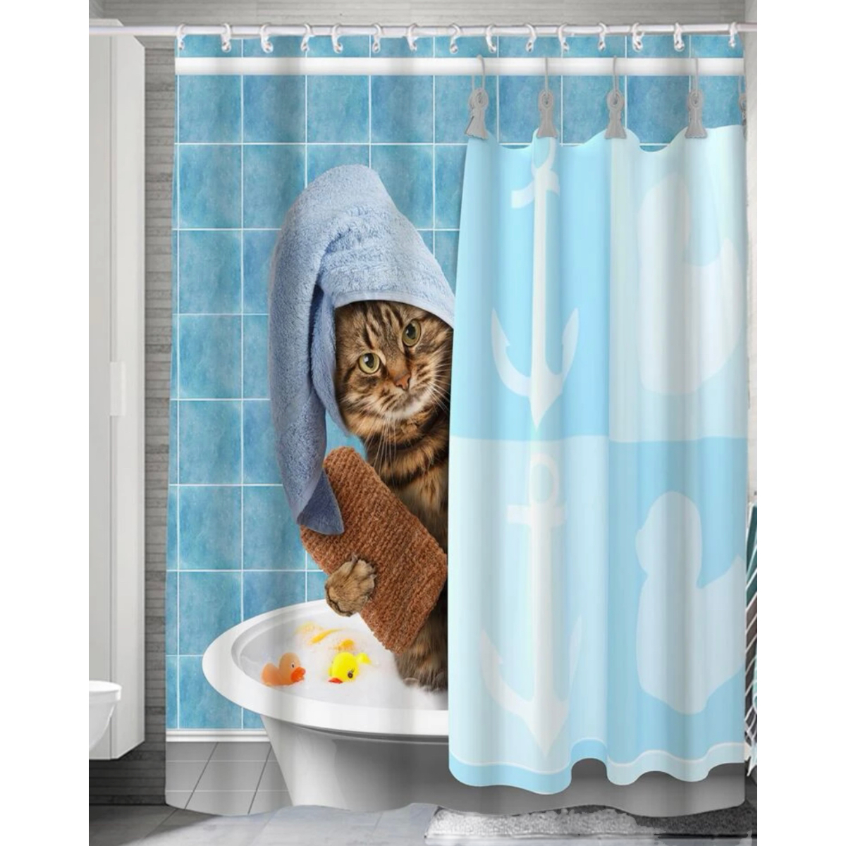 Cortina De Ducha Impermeable Modelo Gato 1.80 X 1.80 Cm.