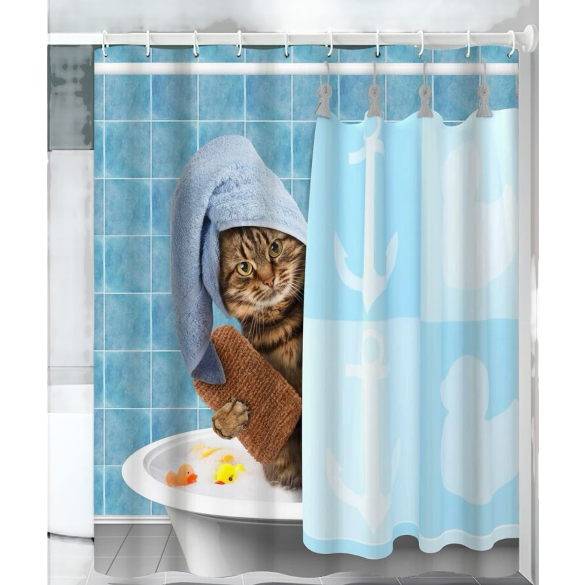 Cortina De Ducha Impermeable Modelo Gato 1.80 X 1.80 Cm.