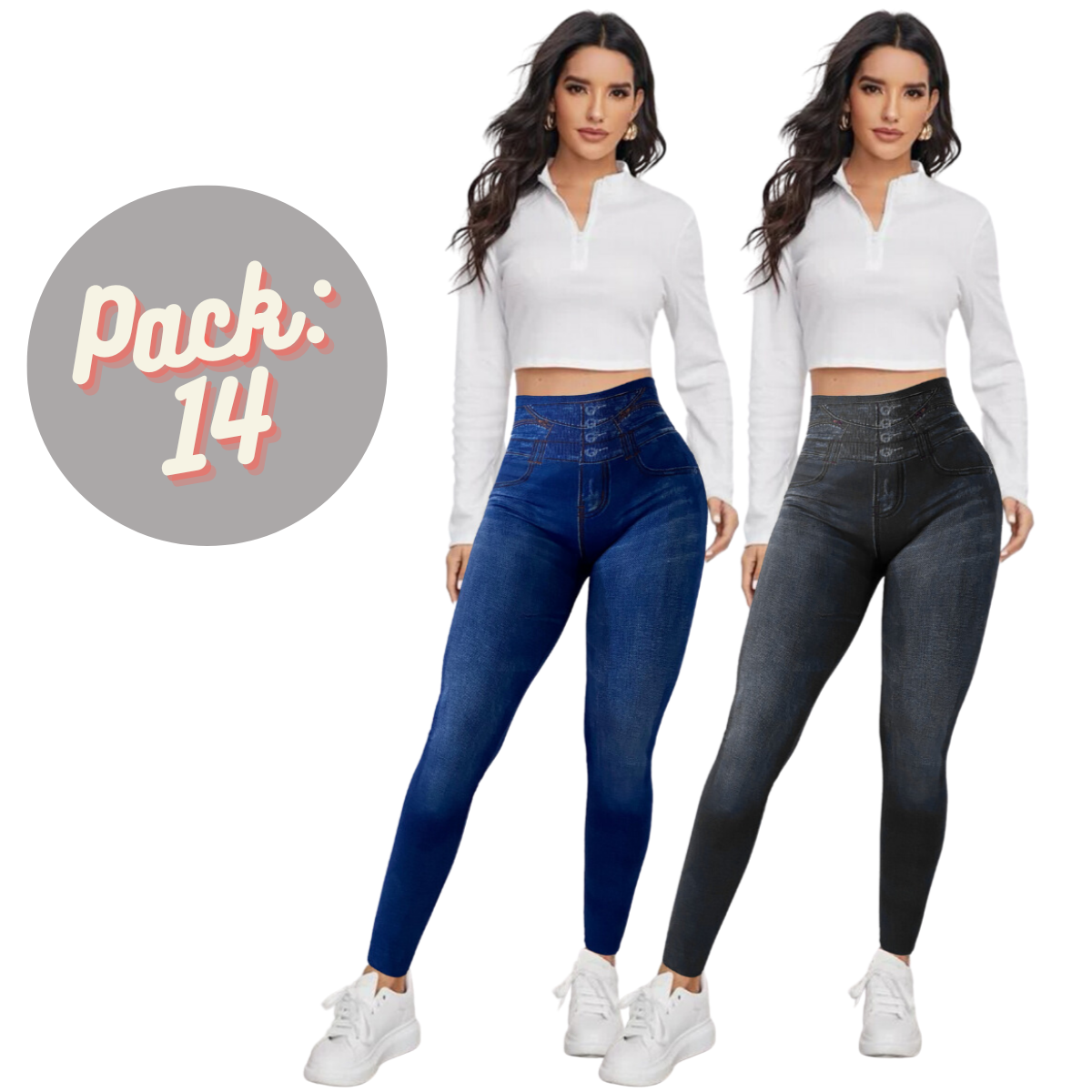 Set 2 Leggins Mujer Mezclilla Faja Alta Mayon Grueso Mallas