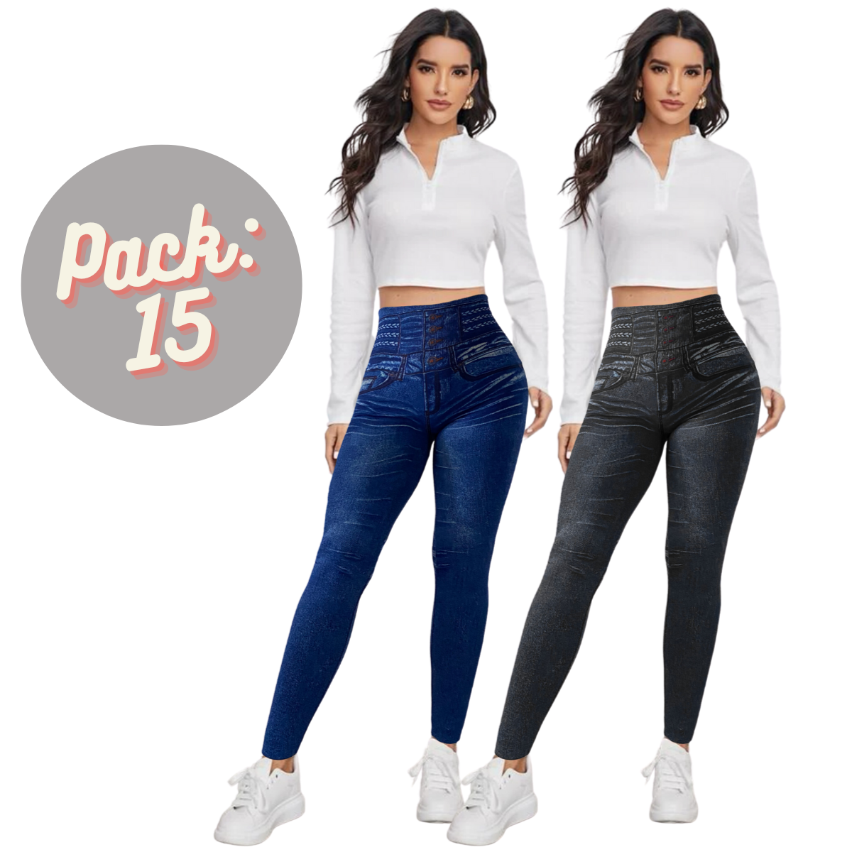 Set 2 Leggins Mujer Mezclilla Faja Alta Mayon Grueso Mallas