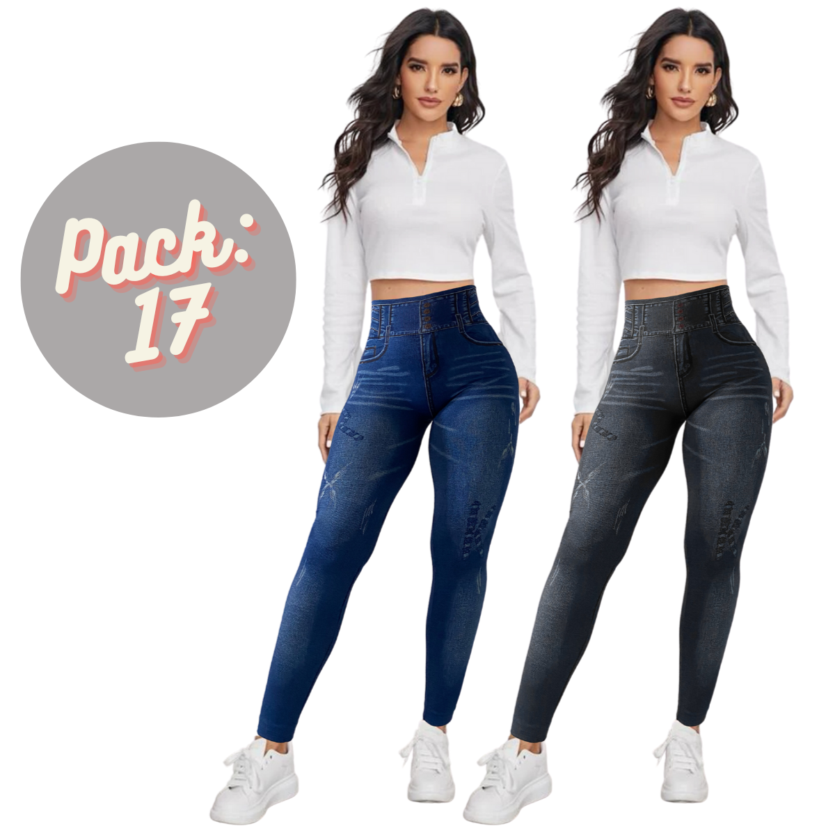 Set 2 Leggins Mujer Mezclilla Faja Alta Mayon Grueso Mallas