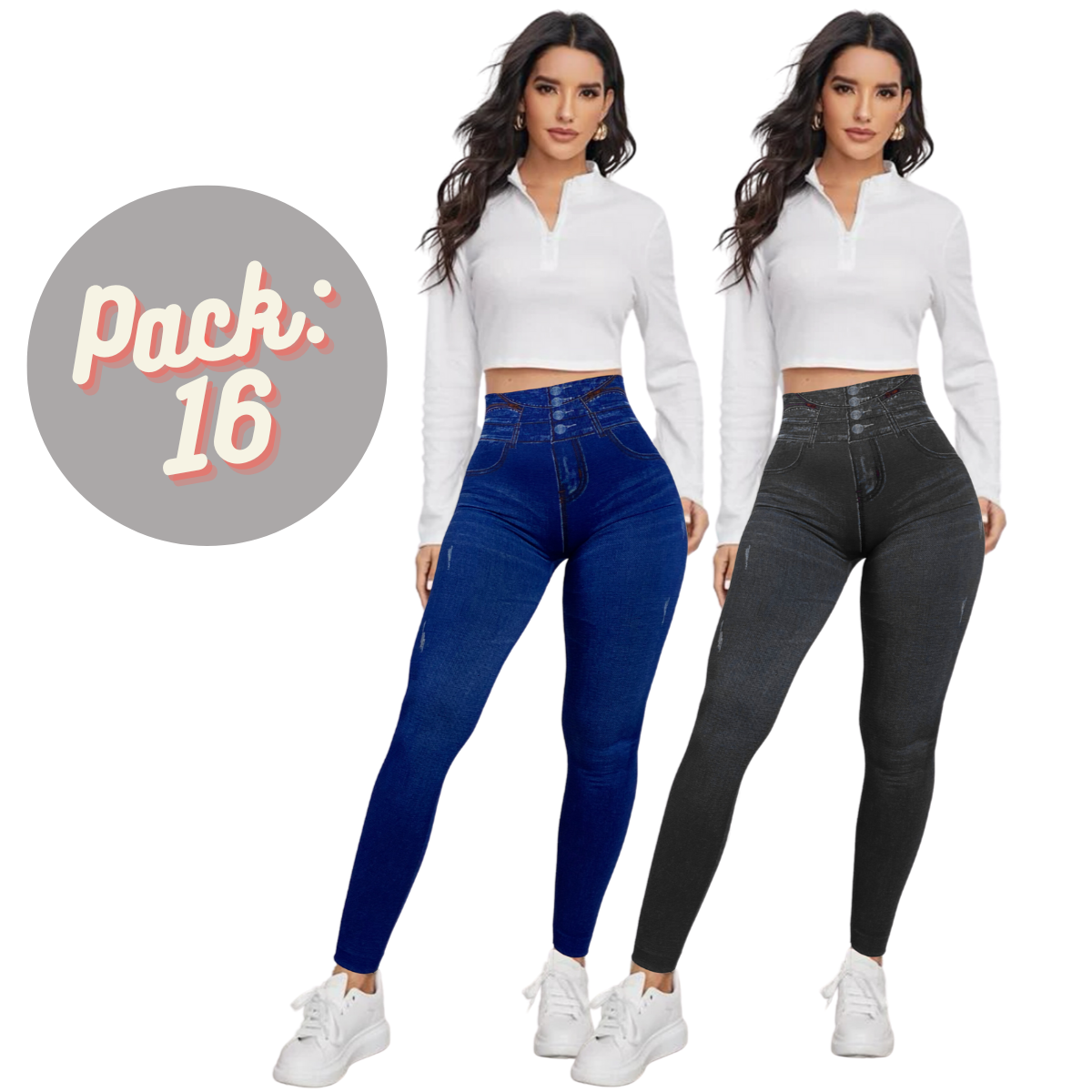 Set 2 Leggins Mujer Mezclilla Faja Alta Mayon Grueso Mallas