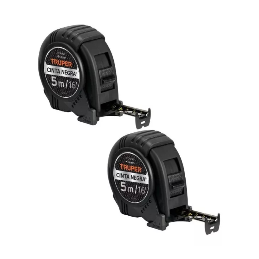Kit De 2 Flexómetros Cinta Negra, 5 Metros, Cinta 19 Mm