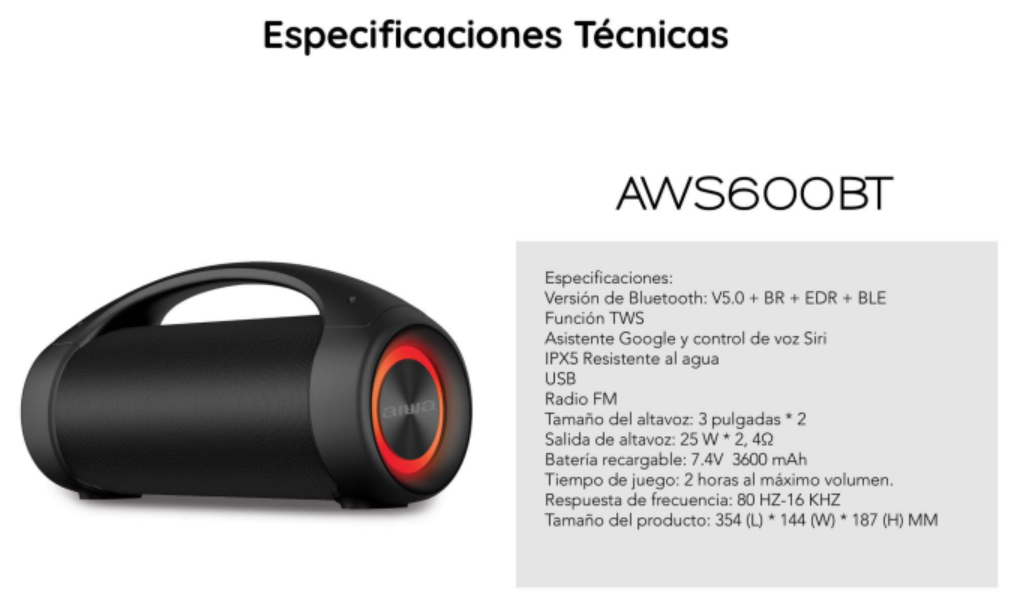 BOCINA INALAMBRICA IMPERMEABLE AIWA  / AWS600BT 