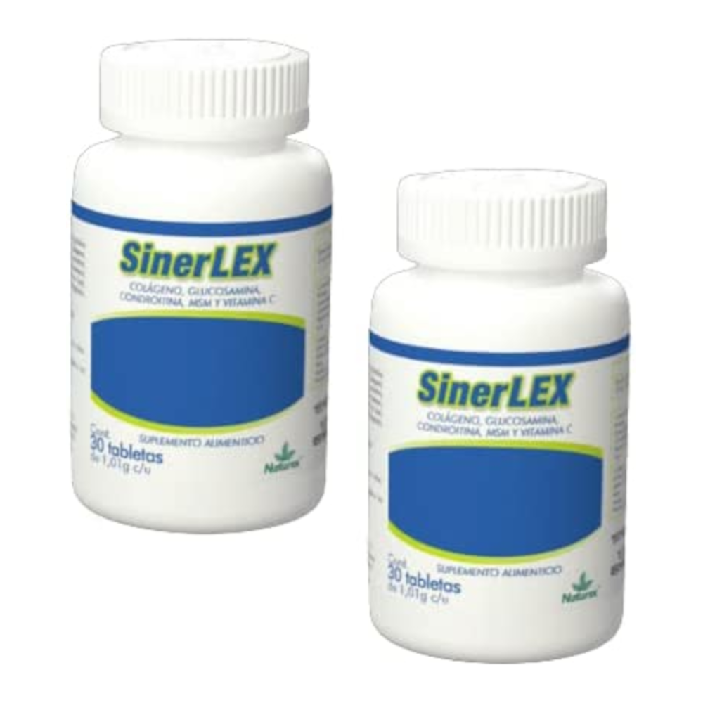 Sinerlex , Colageno, Glucosamina, Condroitina, MSM, Vitamina C, 2 Frascos 30 Tabletas, 1.01 g c/u, 60 Tabs en Total