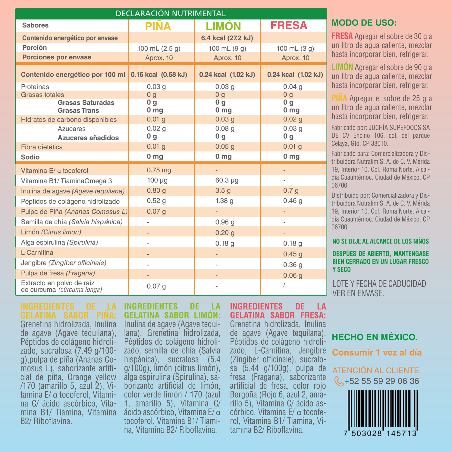 GELATINA en polvo Sin Azúcar. Carnitina Colágeno Prebiótico Saludable Keto Paleo
