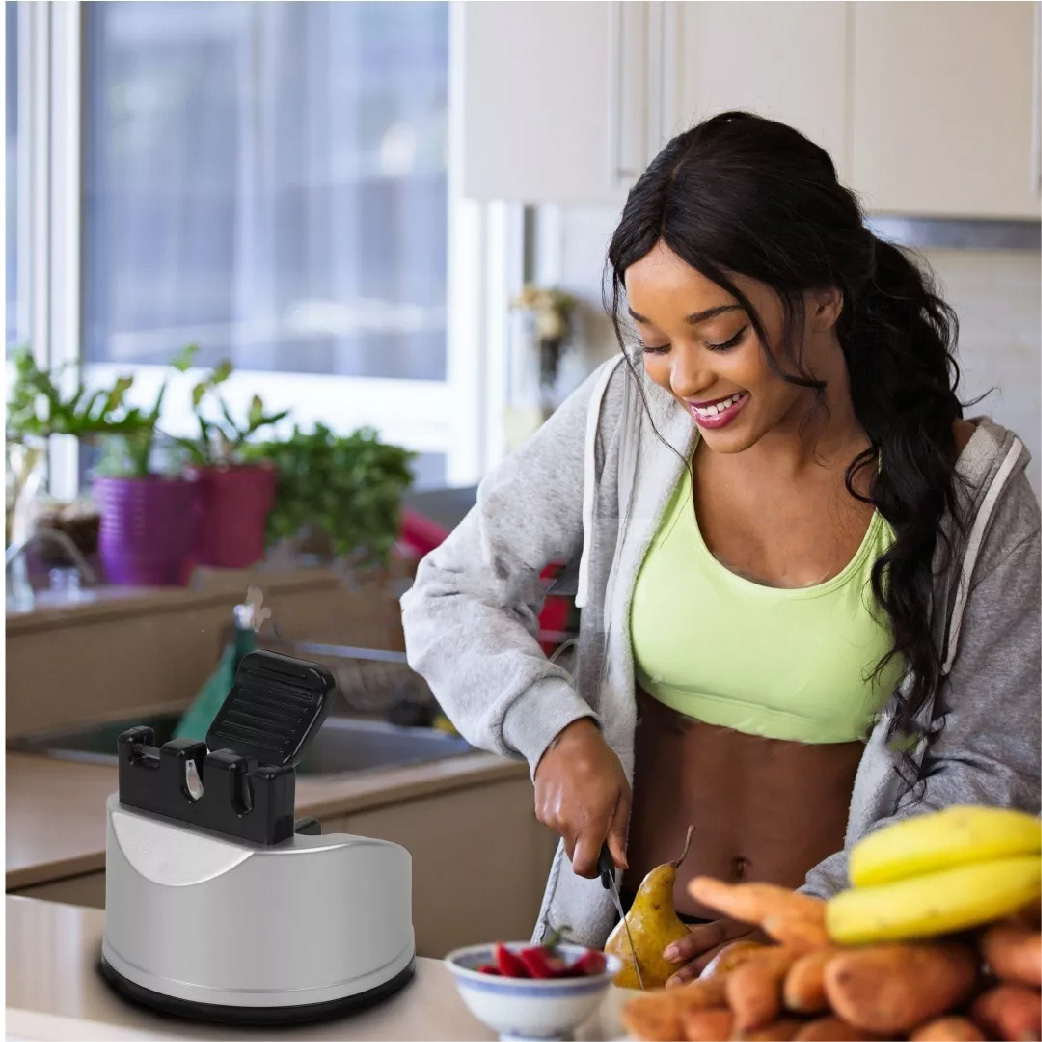 Afilador de cuchillos y tijeras de chef de cocina, herramientas de cocina de 3 etapas para afilar y restaurar cuchillo recto o dentado con base antiderrapante.