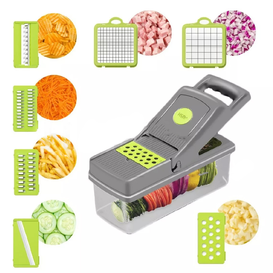 Cortador de verduras manual, picadora de verduras multifuncional, 7 cuchillas de acero inoxidable, mandolina 14 en 1, pelador exprimidor separador de yema, contenedor para cocina picador de verduras.