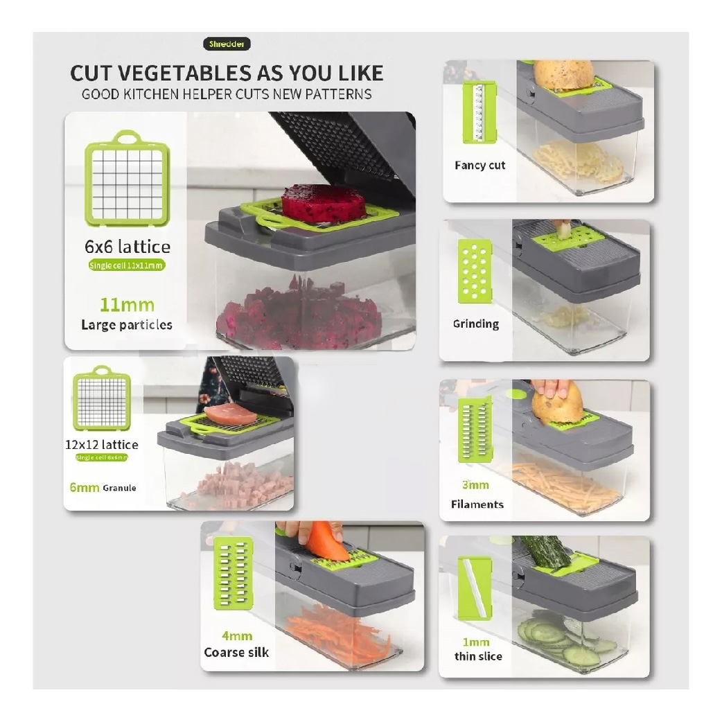 Cortador de verduras manual, picadora de verduras multifuncional, 7 cuchillas de acero inoxidable, mandolina 14 en 1, pelador exprimidor separador de yema, contenedor para cocina picador de verduras.