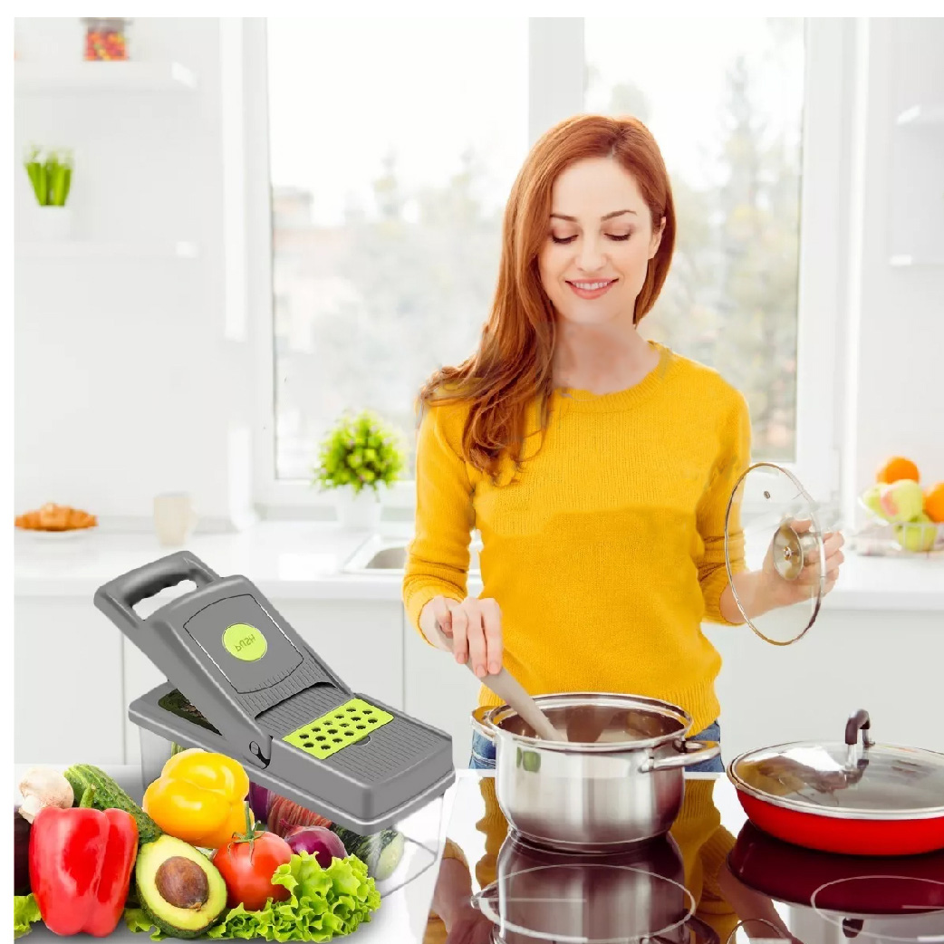 Cortador de verduras manual, picadora de verduras multifuncional, 7 cuchillas de acero inoxidable, mandolina 14 en 1, pelador exprimidor separador de yema, contenedor para cocina picador de verduras.