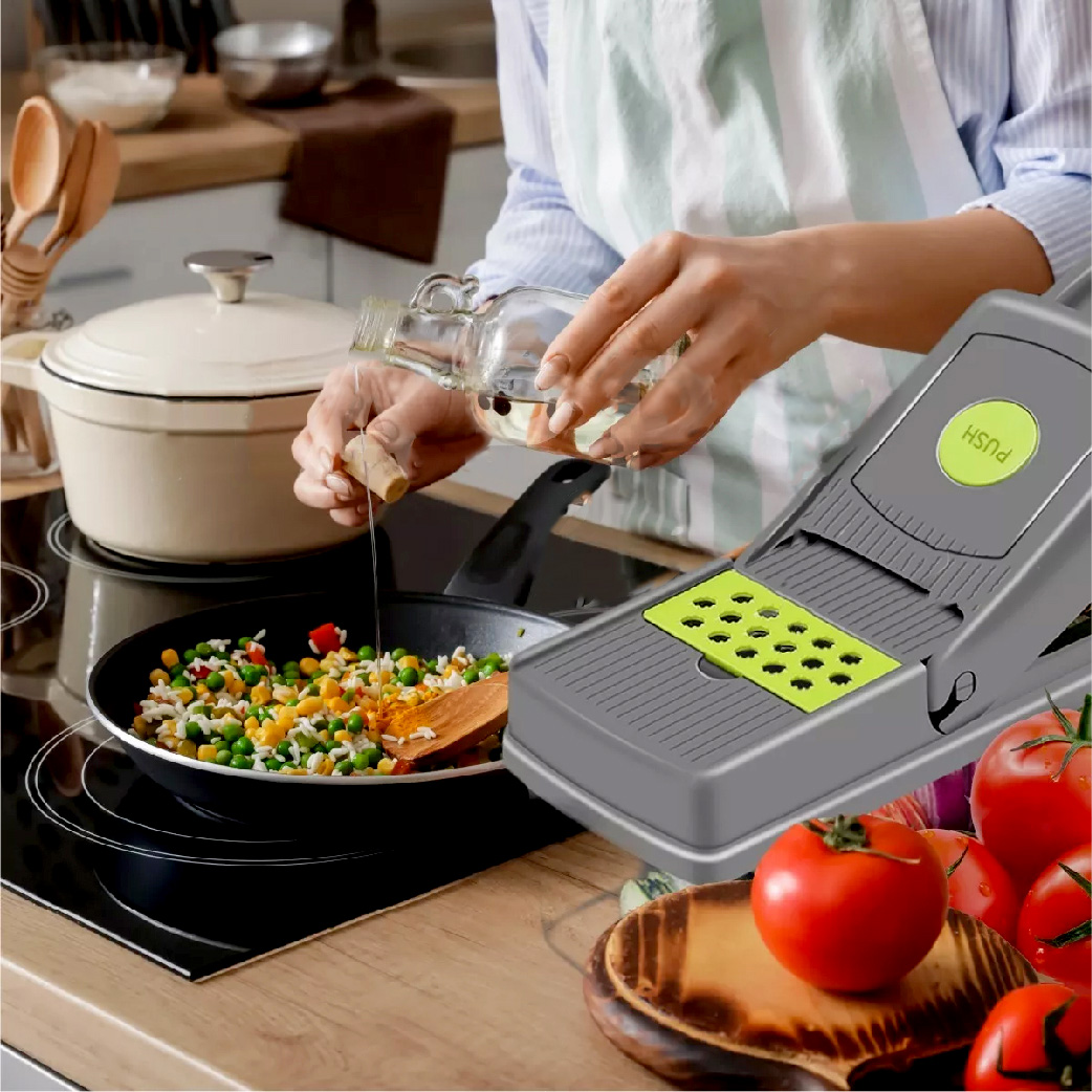 Cortador de verduras manual, picadora de verduras multifuncional, 7 cuchillas de acero inoxidable, mandolina 14 en 1, pelador exprimidor separador de yema, contenedor para cocina picador de verduras.