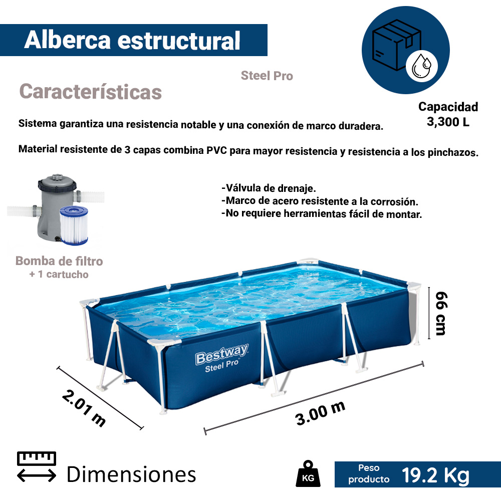 Alberca Estructural Rectangular Bestway 300 Cm 3300 Litros Azul