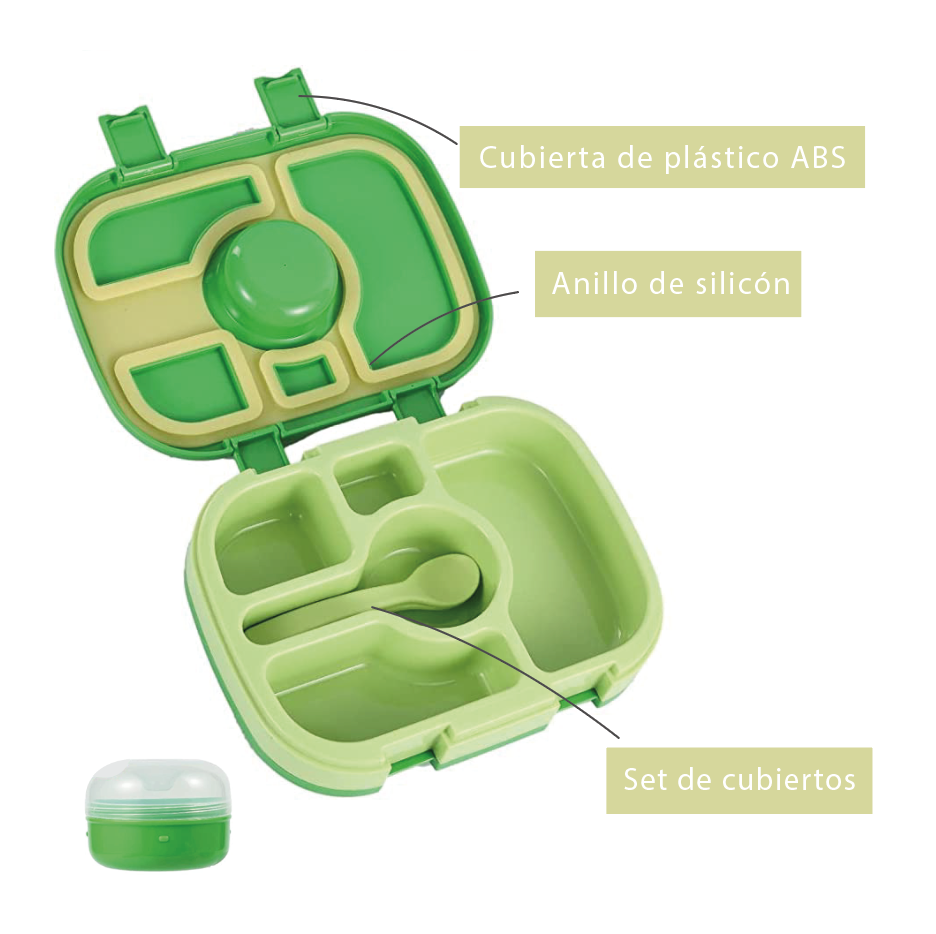 Lonchera Lunch box bento portátil para niños y adultos con 5 compartimentos de sellado hermético, libre de fugas y cubiertos incluidos, BPA FREE