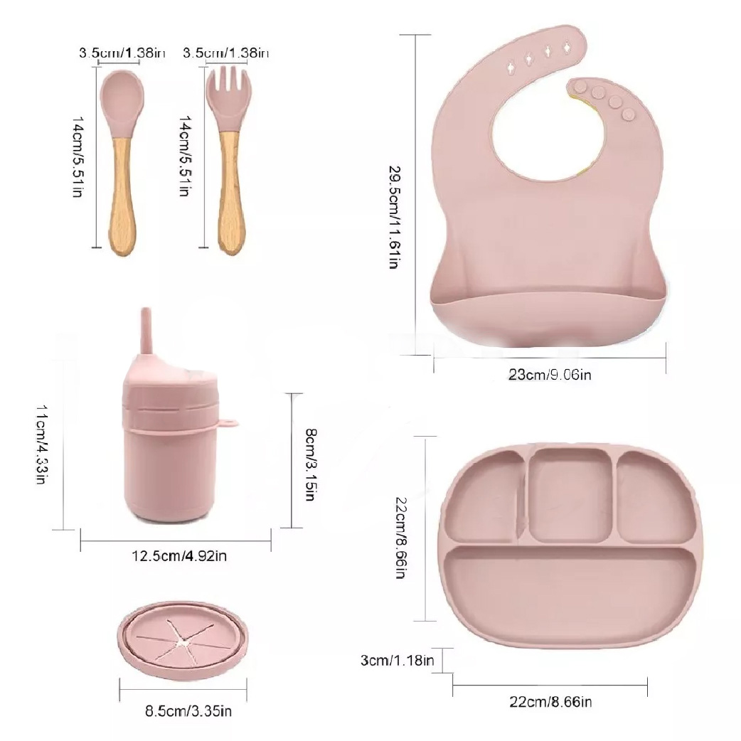 Set comida para bebe de silicona vaso plato cubiertos babero SIN BPA.