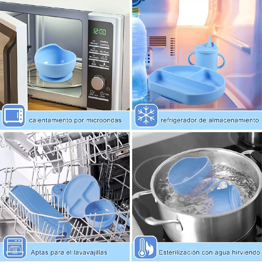 Set comida para bebe de silicona vaso plato cubiertos babero SIN BPA.