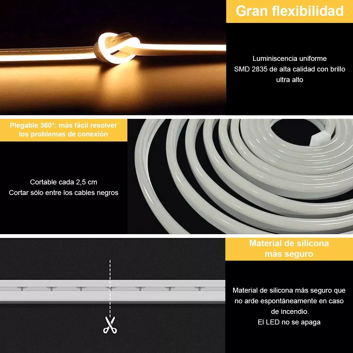 Tiras De Led Luz De Neón Flexible 5m Manguera Con Fuente 12v Amarillo