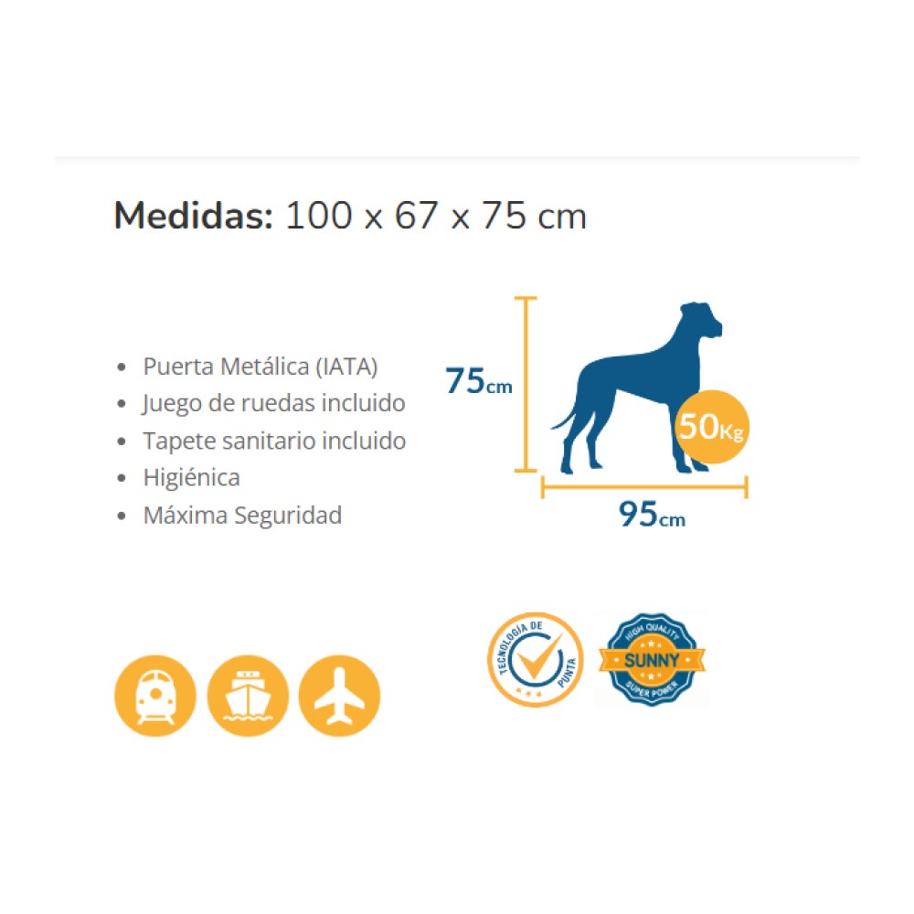 Transportadora Extra Grande IATA P/Perro 100x67x75cm C/Tapete Sanitario Sunny