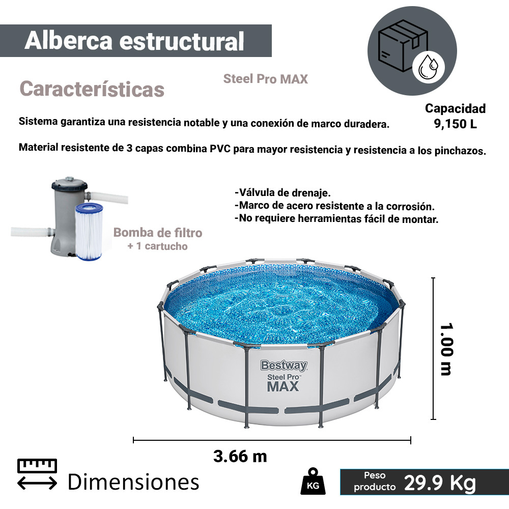 Alberca Piscina Armable Circular Gris Bestway 3.66 m x 1.00 m