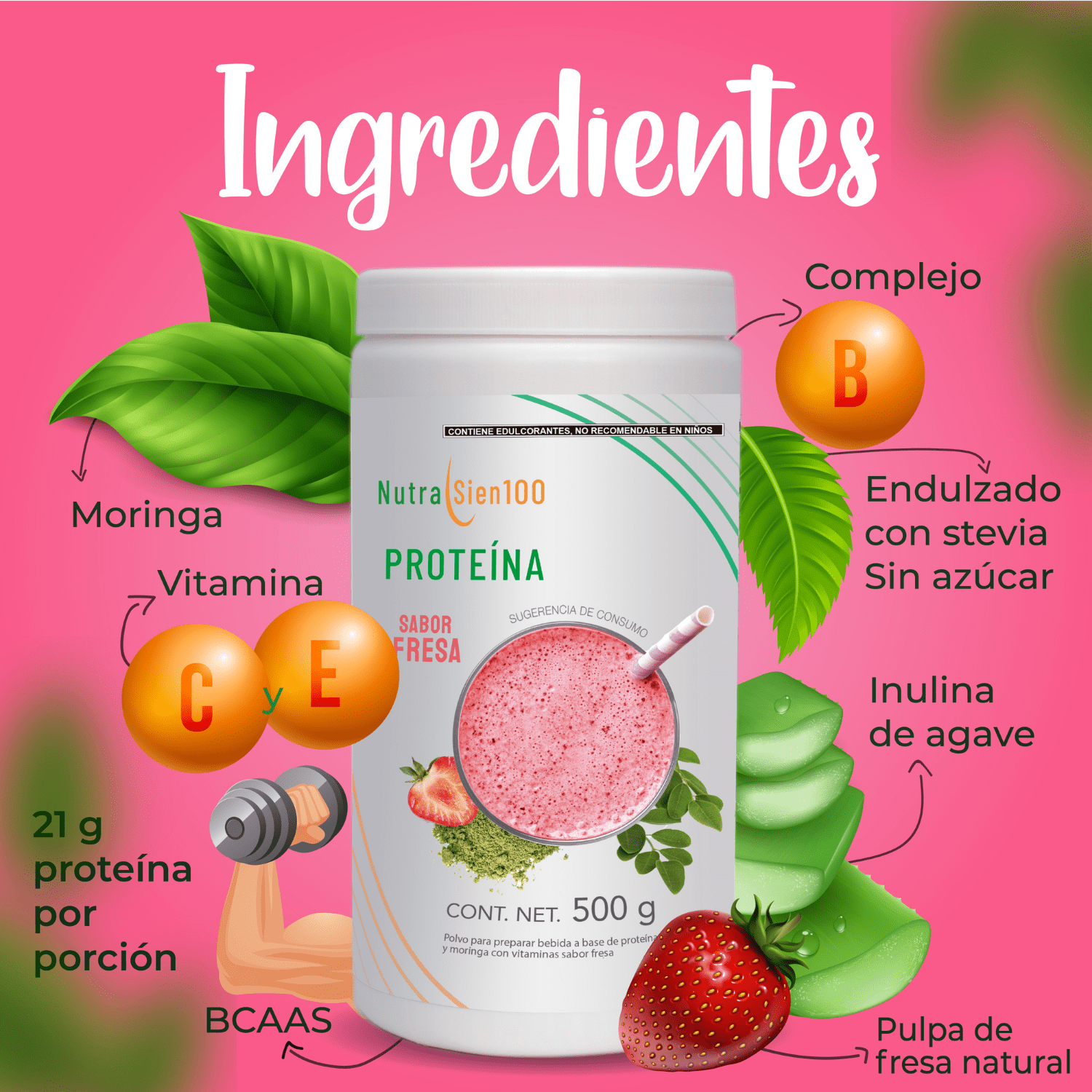 Proteína en polvo Fresa Keto Pre-workout 22g proteína NO Azúcar NO Gluten 500g